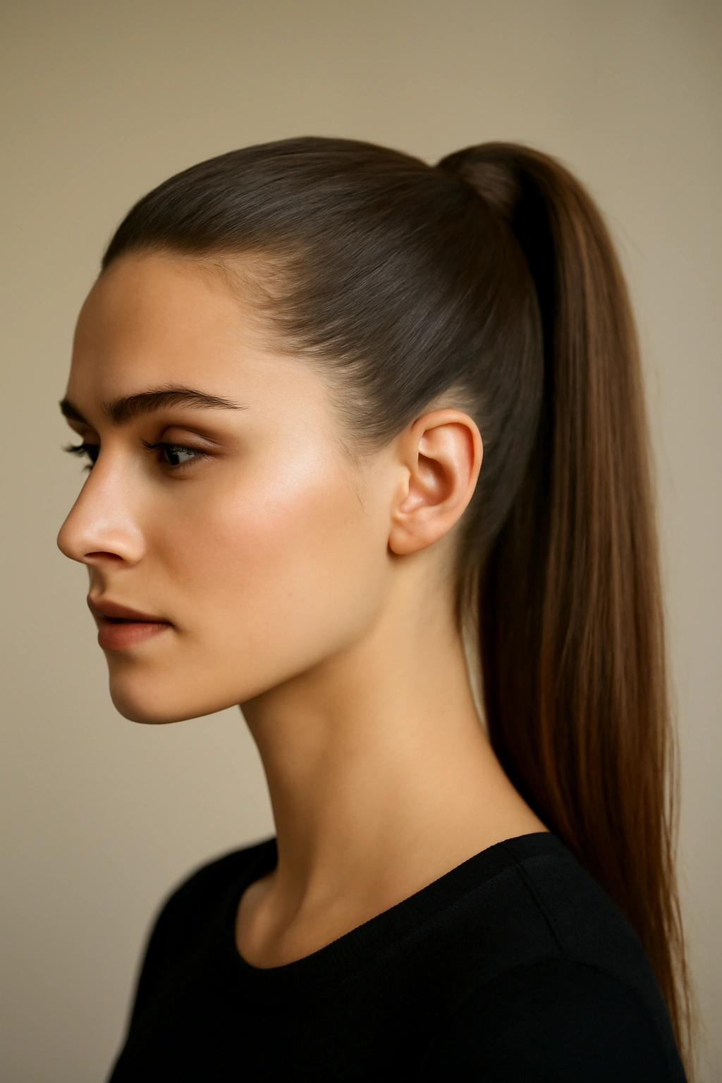 Close-up of a classic high ponytail with smooth, glossy hair in a neutral studio.