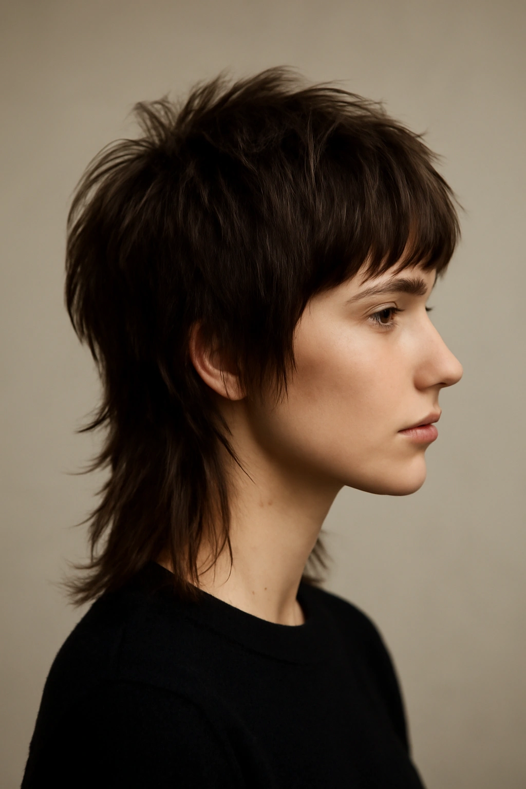 Close-up of The Classic Rock Shag hairstyle with short textured top layers and longer back for volume
