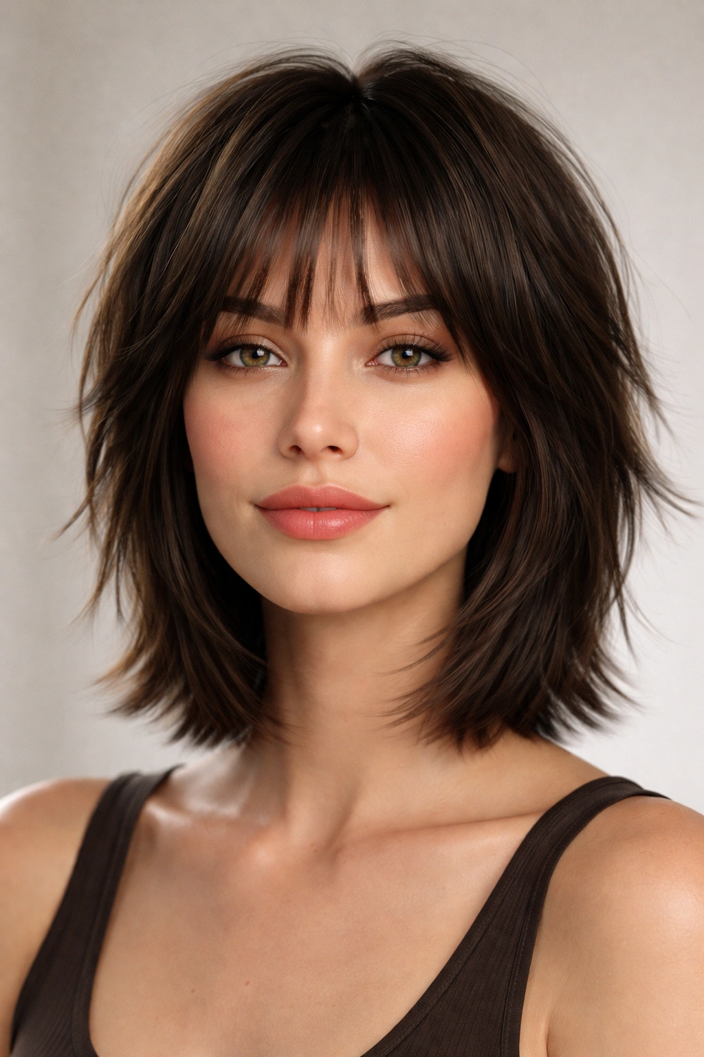 Close-up of a chin-length choppy shag on straight hair highlighting crown volume and textured front layers