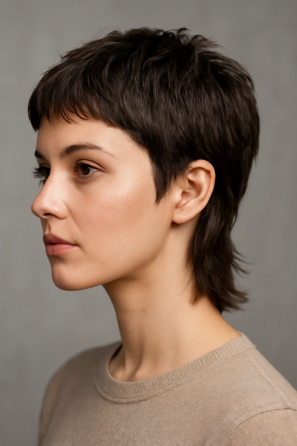 Classic Short Mullet hairstyle on a female model with textured top and longer back