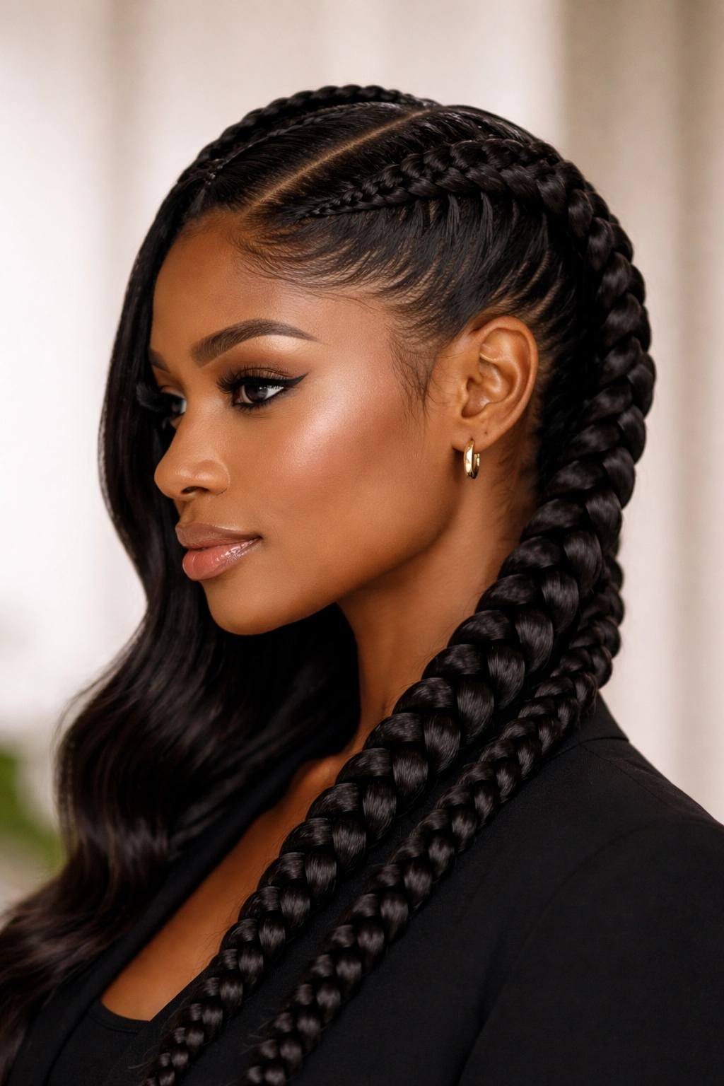 Close-up of classic sleek Dutch braids along a dramatic side part