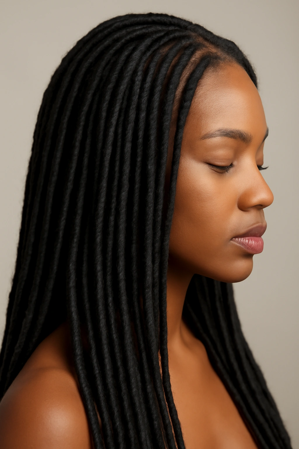 Close-up of head with uniform straight faux locs hanging down