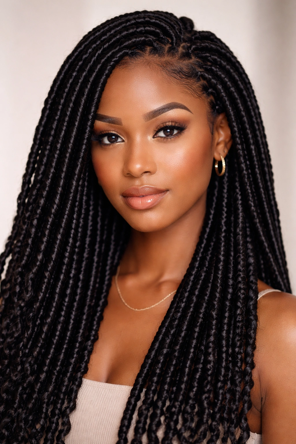 Close-up of classic synthetic faux locs with smooth, uniform wrapping on natural hair