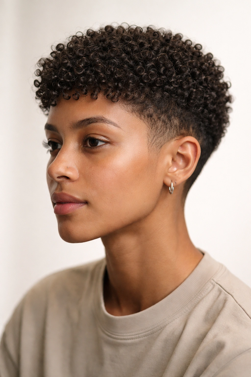 Close-up of a person with a classic textured crop hairstyle, short uniform curls.