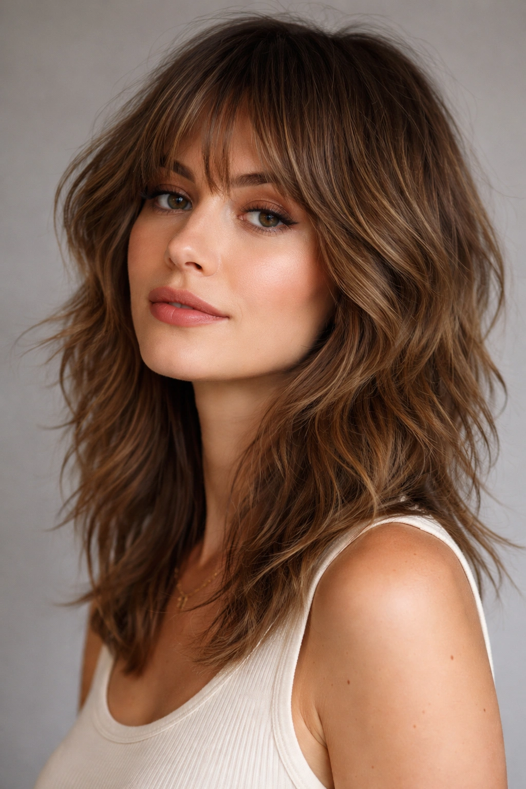 Close-up of a person with a classic textured shag showing layered crown-to-ends and natural waves