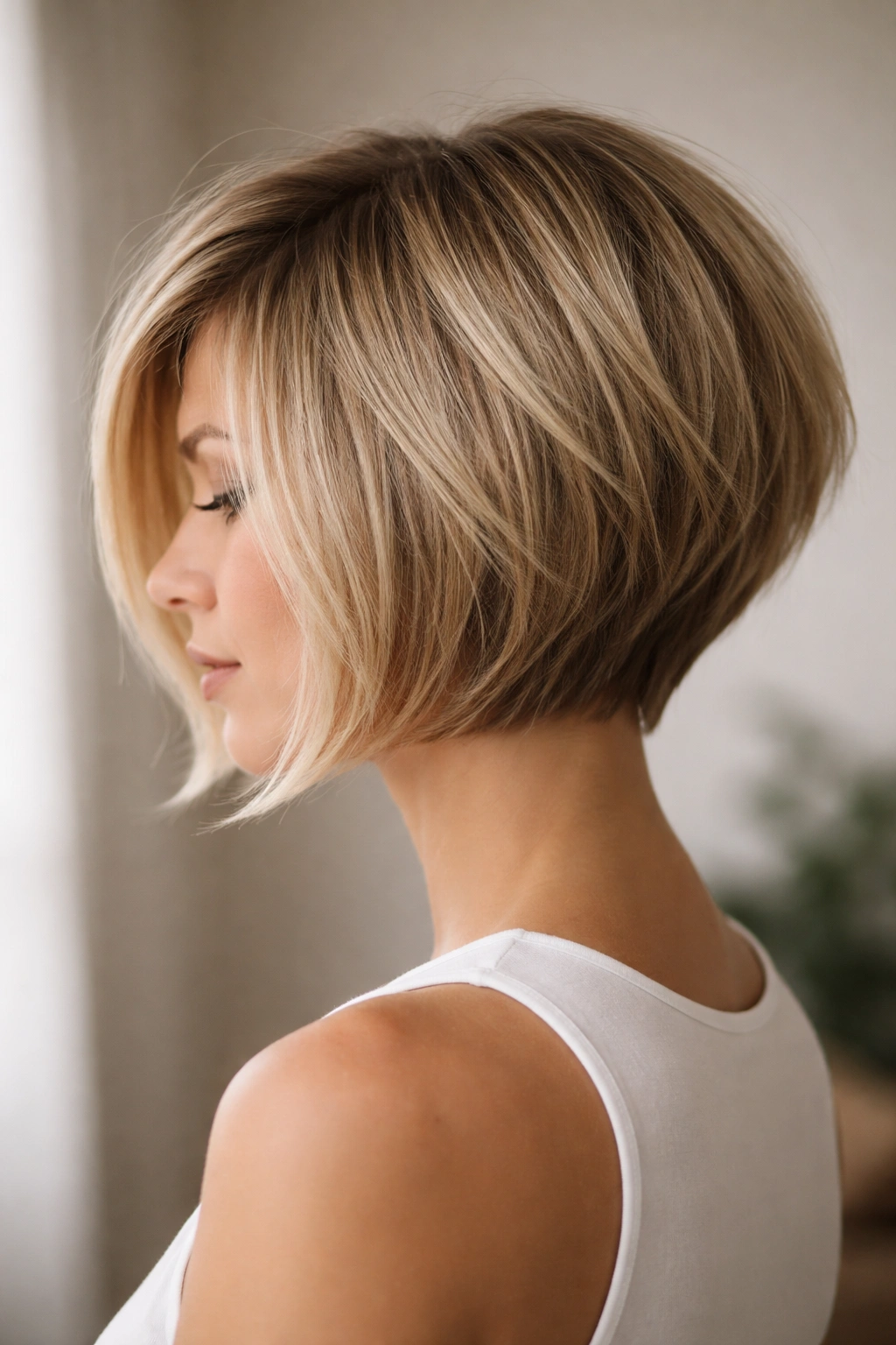 Close-up of classic textured stacked bob showing stacked back layers and jawline framing