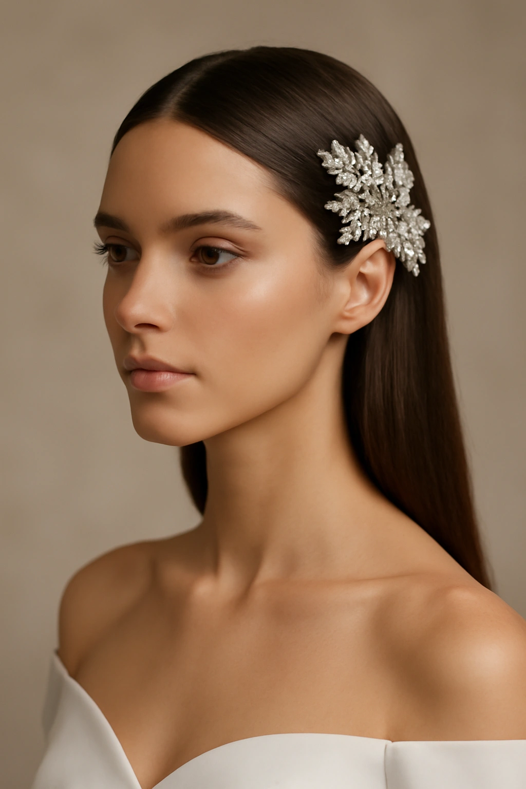 Sleek straight hair with a dramatic statement accessory