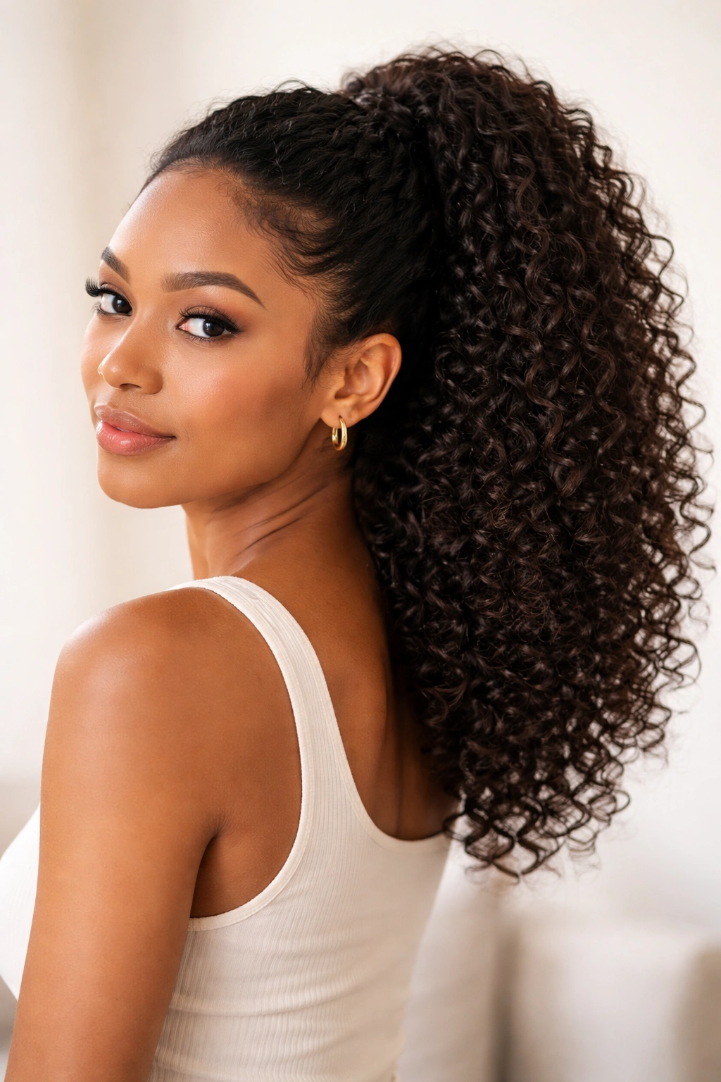 Close-up of a clip-in curly ponytail extension blended with natural curls