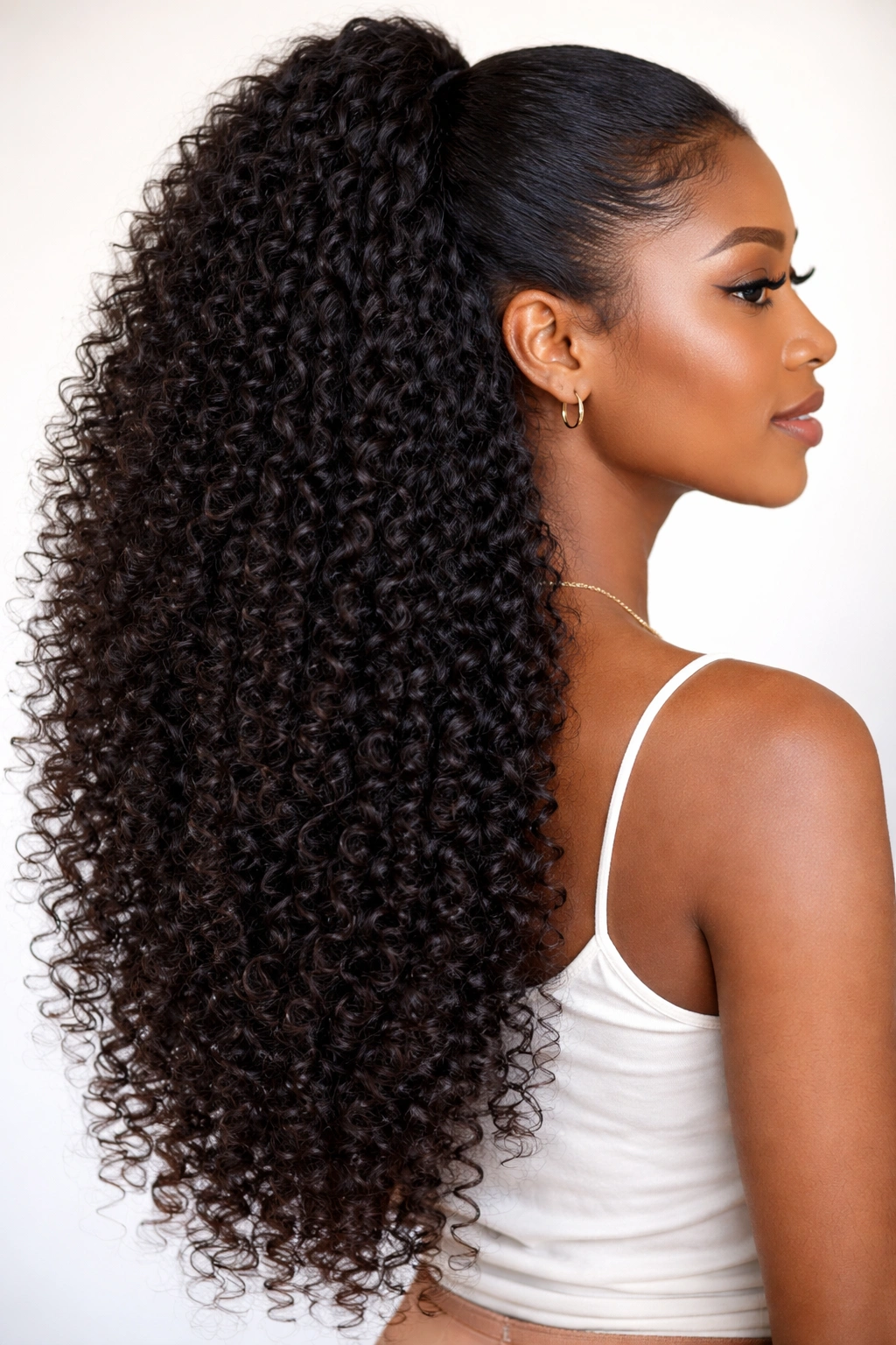 Side view of clip-in extensions blending with natural curl pattern.