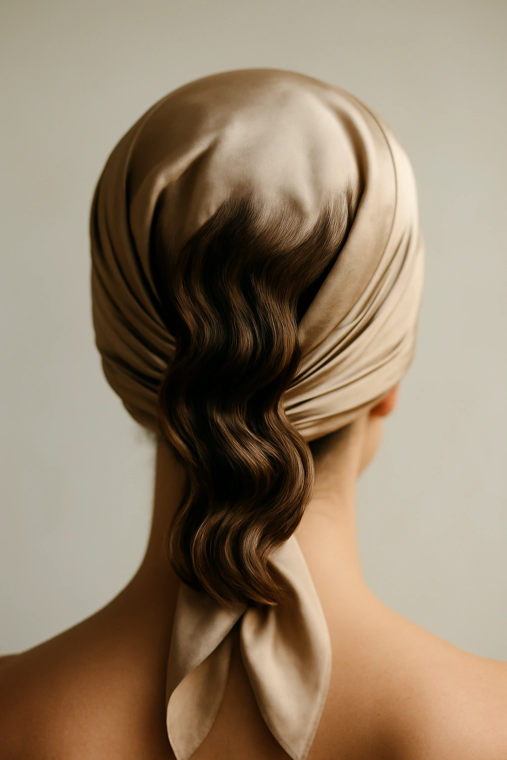 Head wrapped in silk cloth creating sleek, defined waves