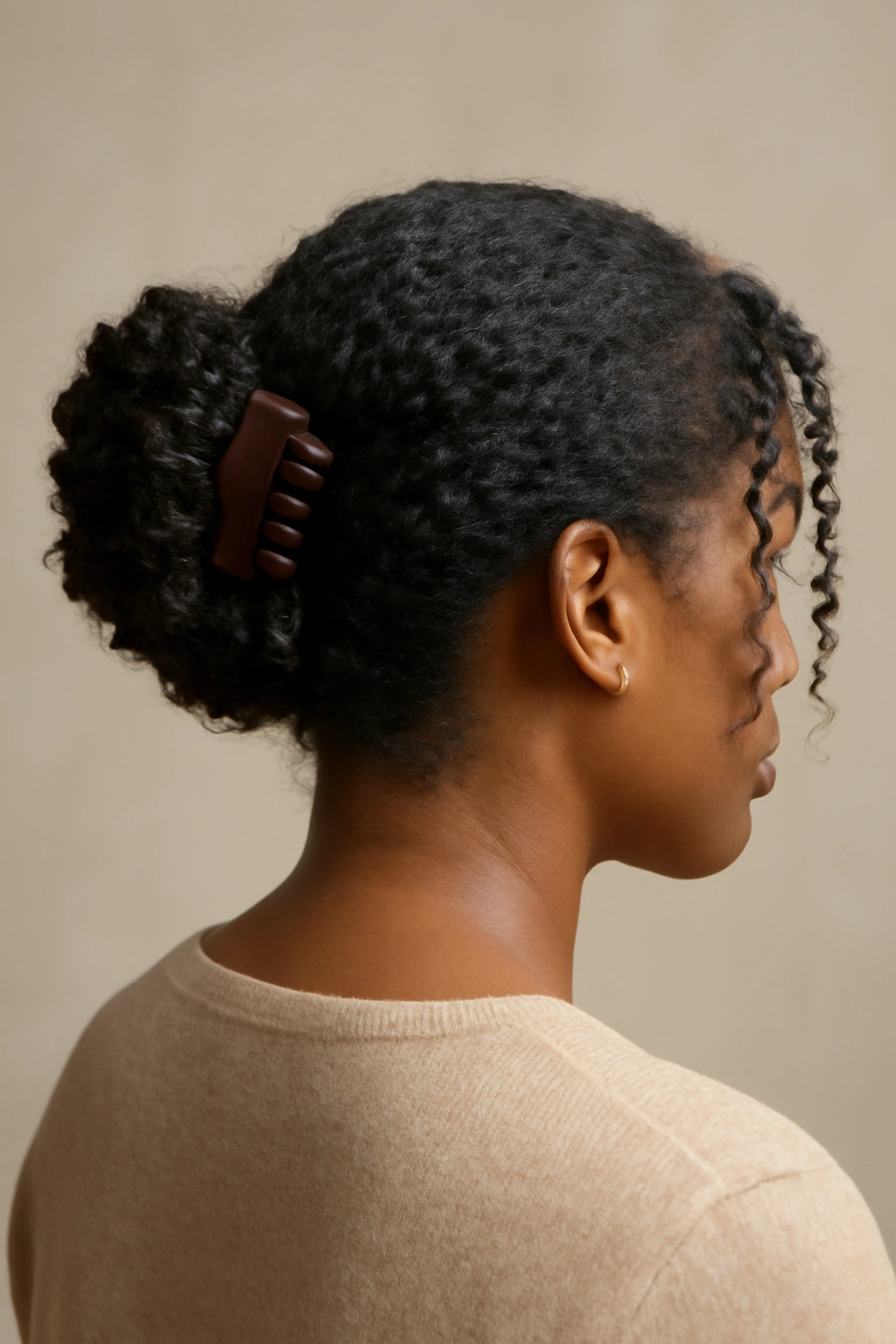 Back/side view of a loose coil bun secured with a horizontal claw clip