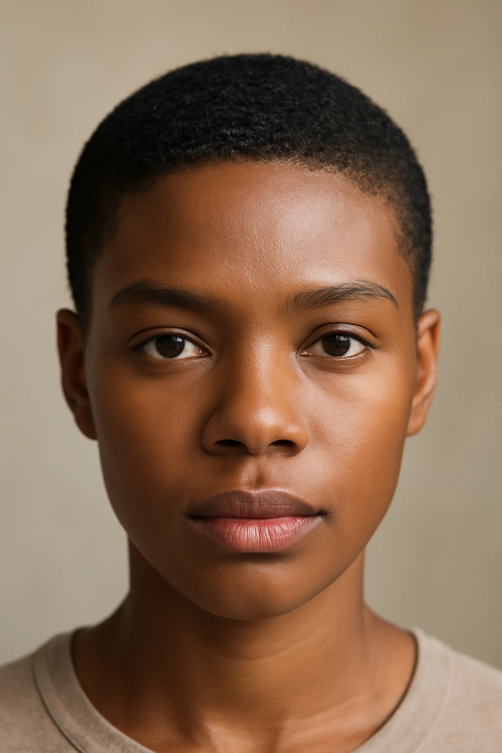 Very short coil crop hairstyle on a Black woman.