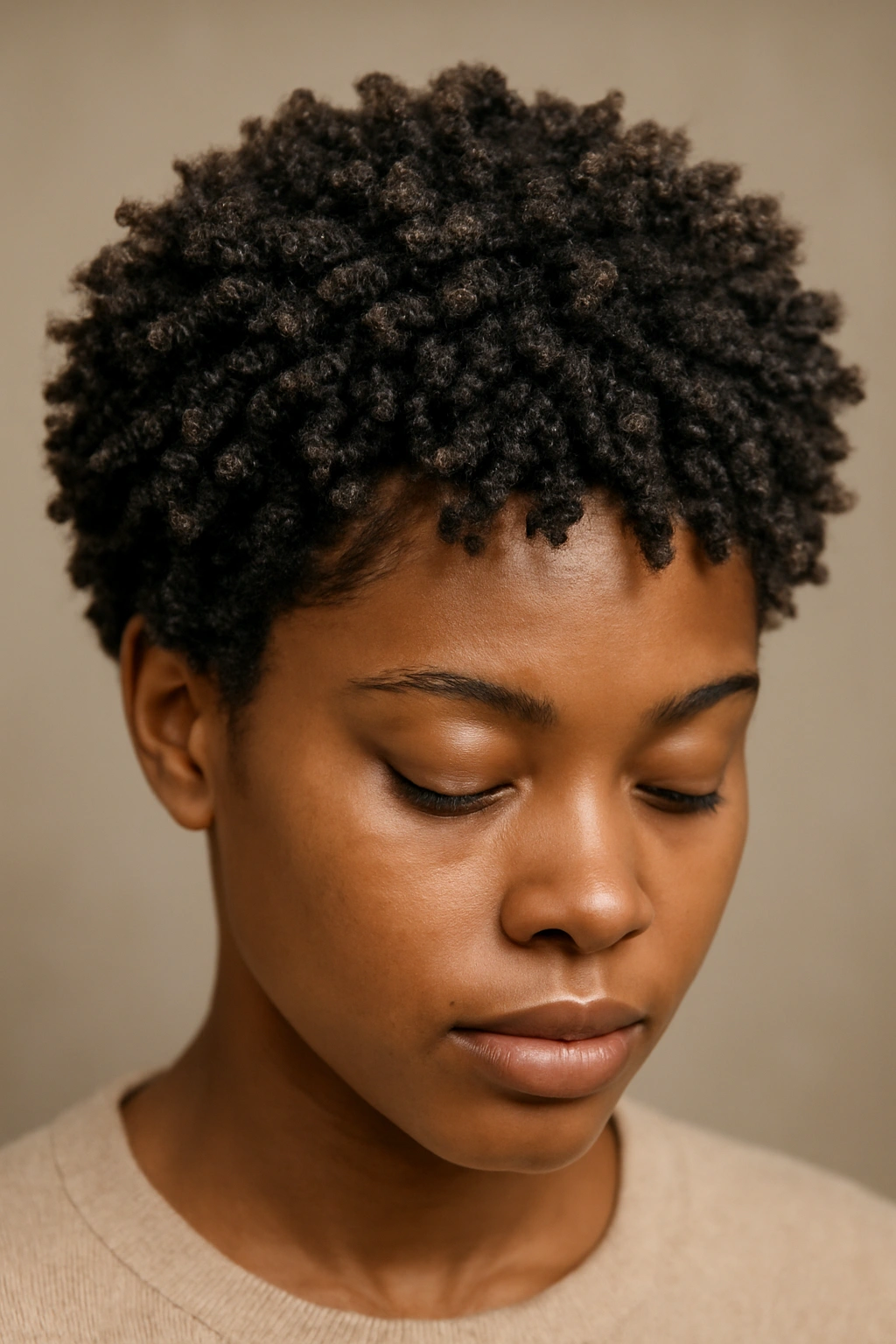 Portrait of short 4C hair with a coil-out and soft defined texture