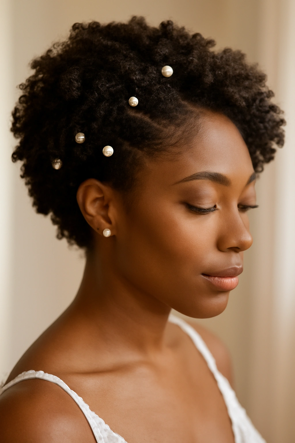Coil-out with decorative pins in natural curls catching light.