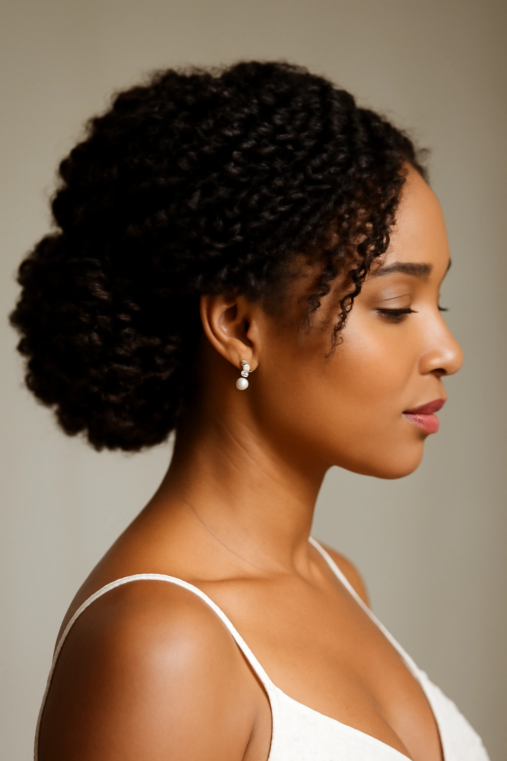 Side-profile view of a coil-out updo with defined coils swept to one side.
