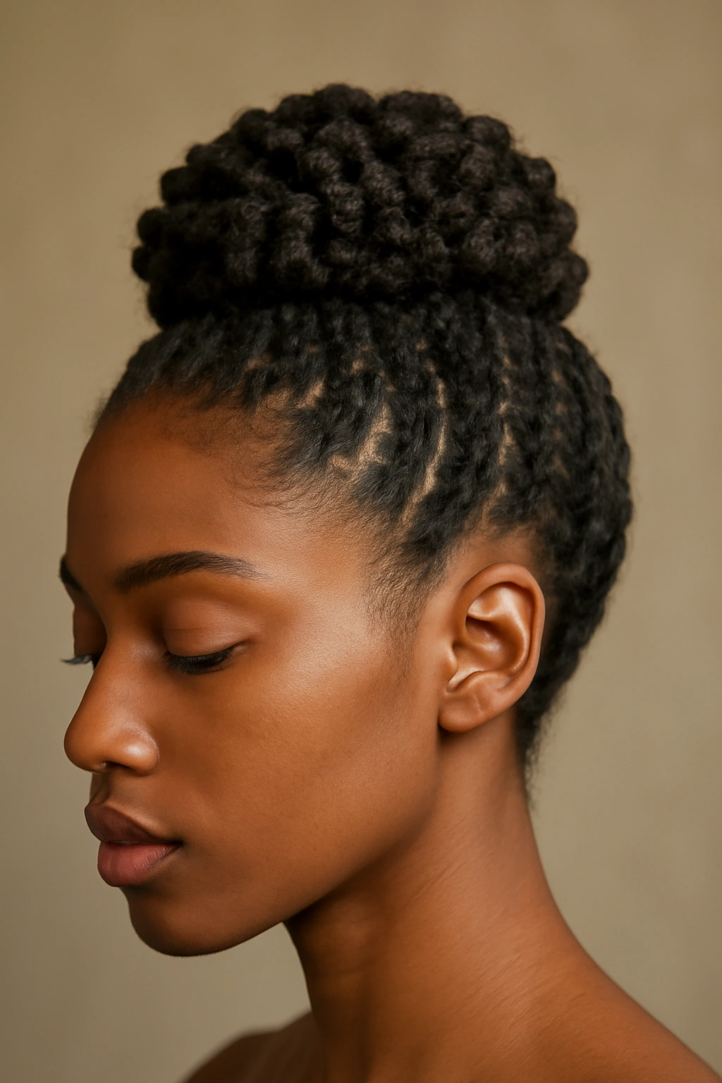 Coiled updo with neatly arranged coils forming a bun
