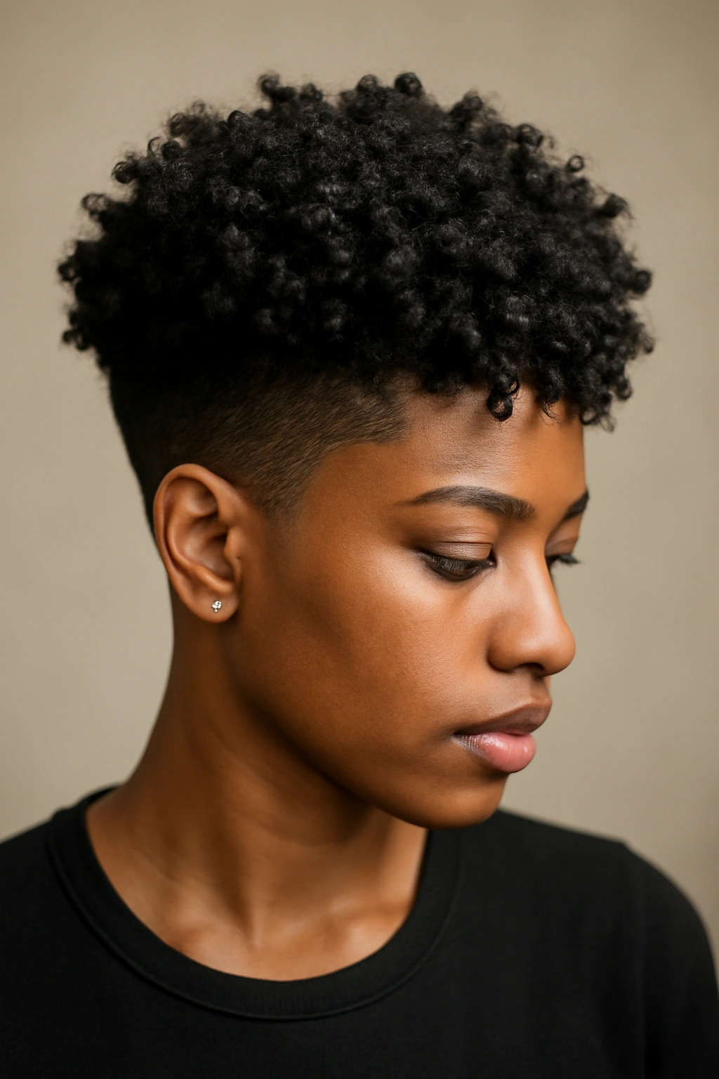 Close-up of tight coils stacked on top with a fade on the sides in a Black woman's hair