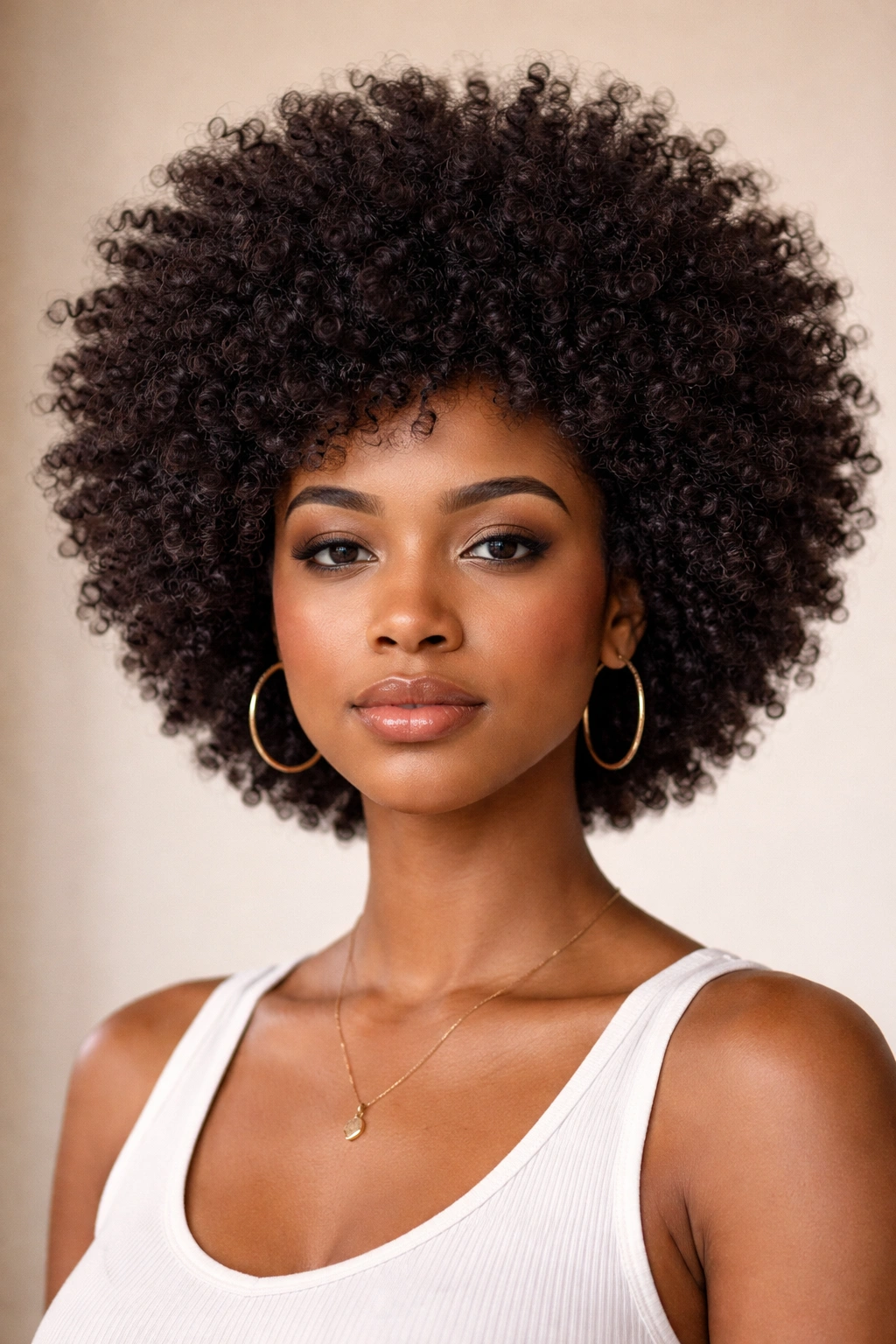 Frontal portrait of a person with a voluminous coily Afro