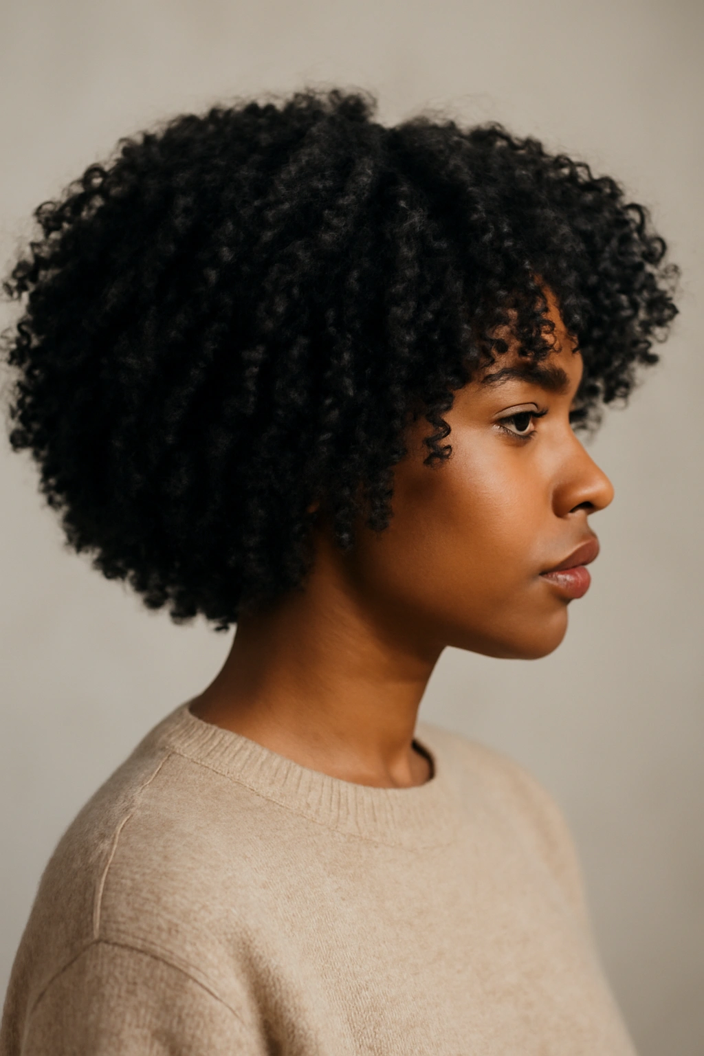 Close-up of a Black woman's voluminous coily bob with defined ear-level curls.