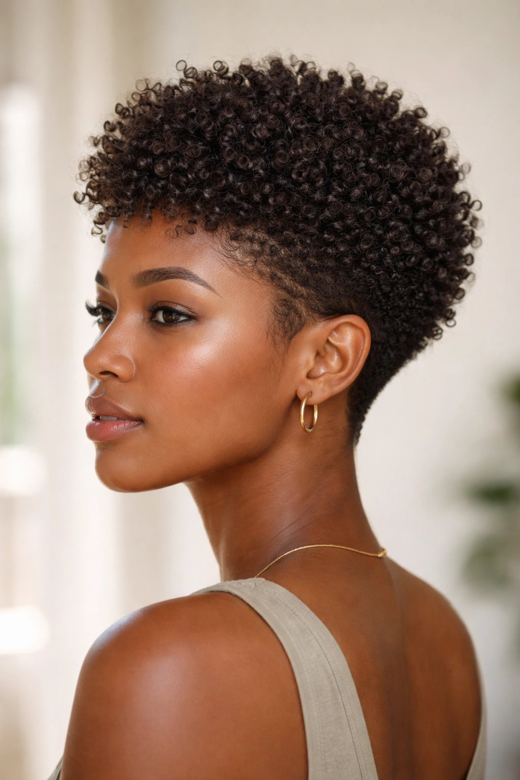 Close-up of The Coily Crown short crop highlighting tight coils and volume.