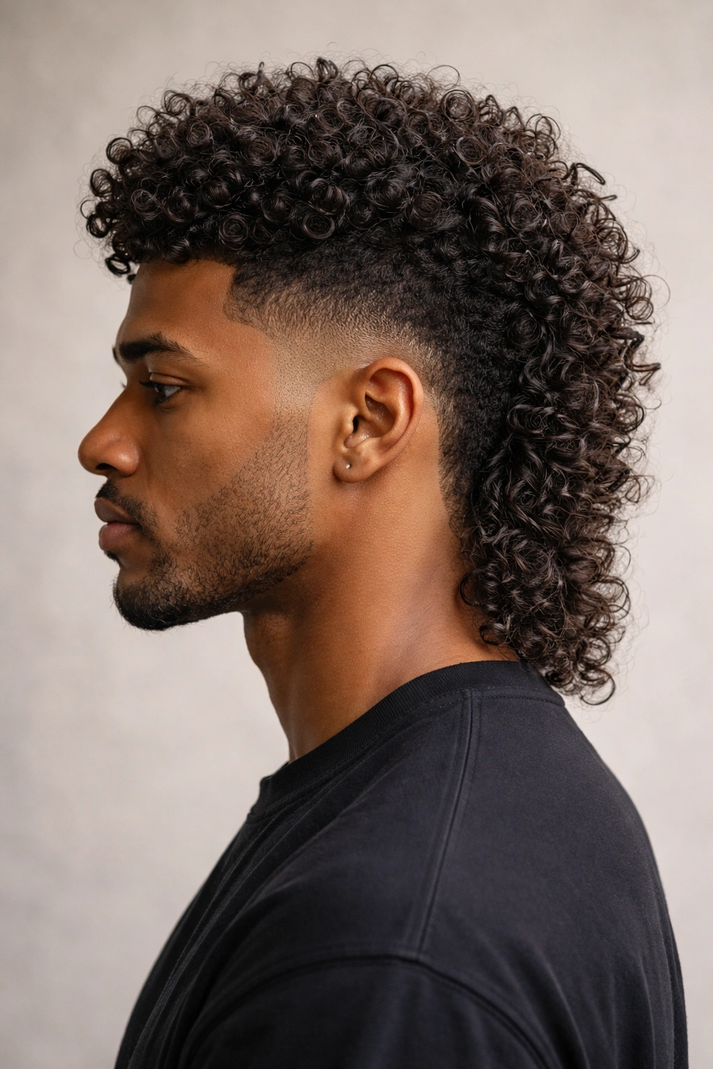 Side profile of a coily fade mullet with sharp side fade and voluminous curls on top.