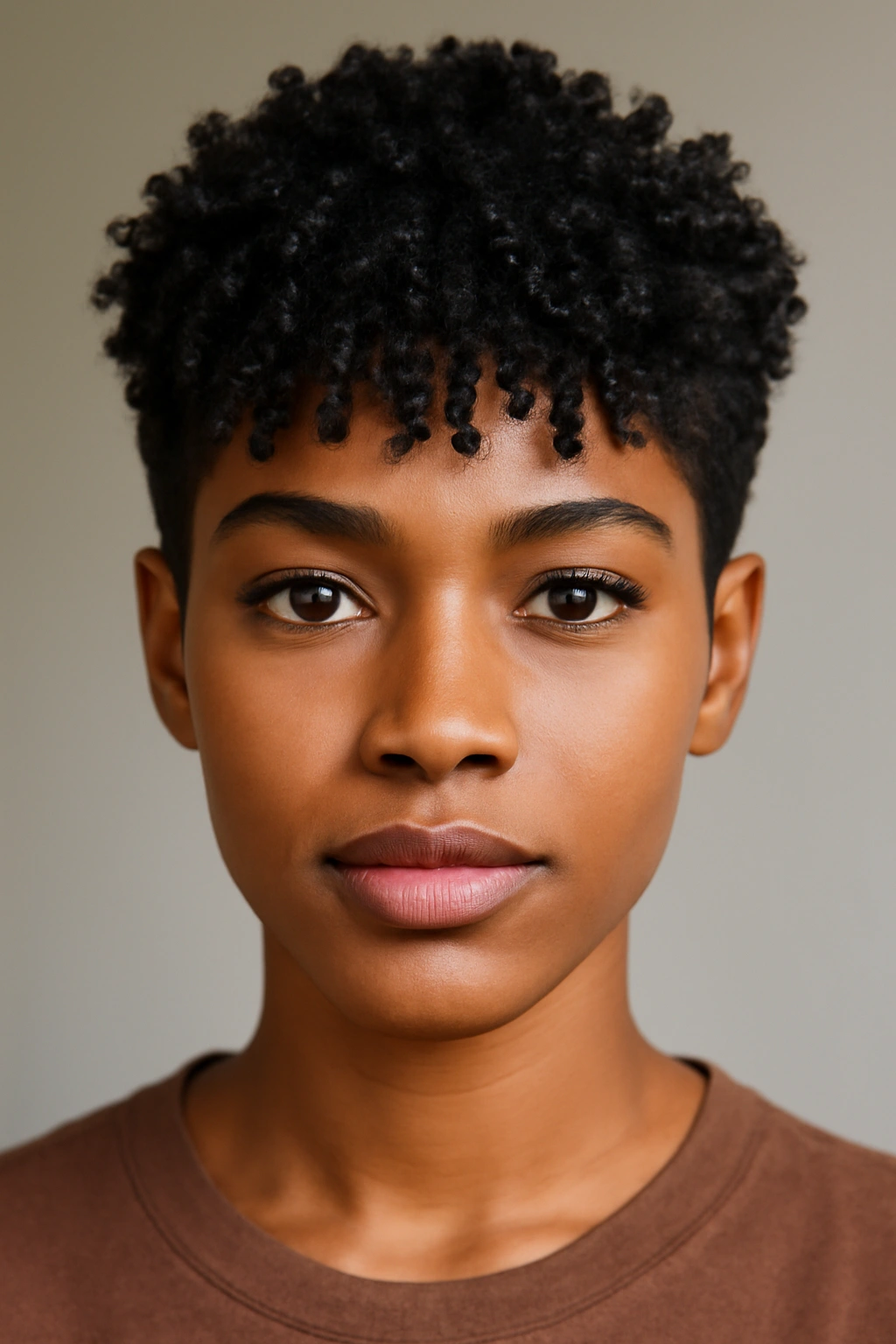 Front view of a coily fringe pixie hairstyle with bold fringe
