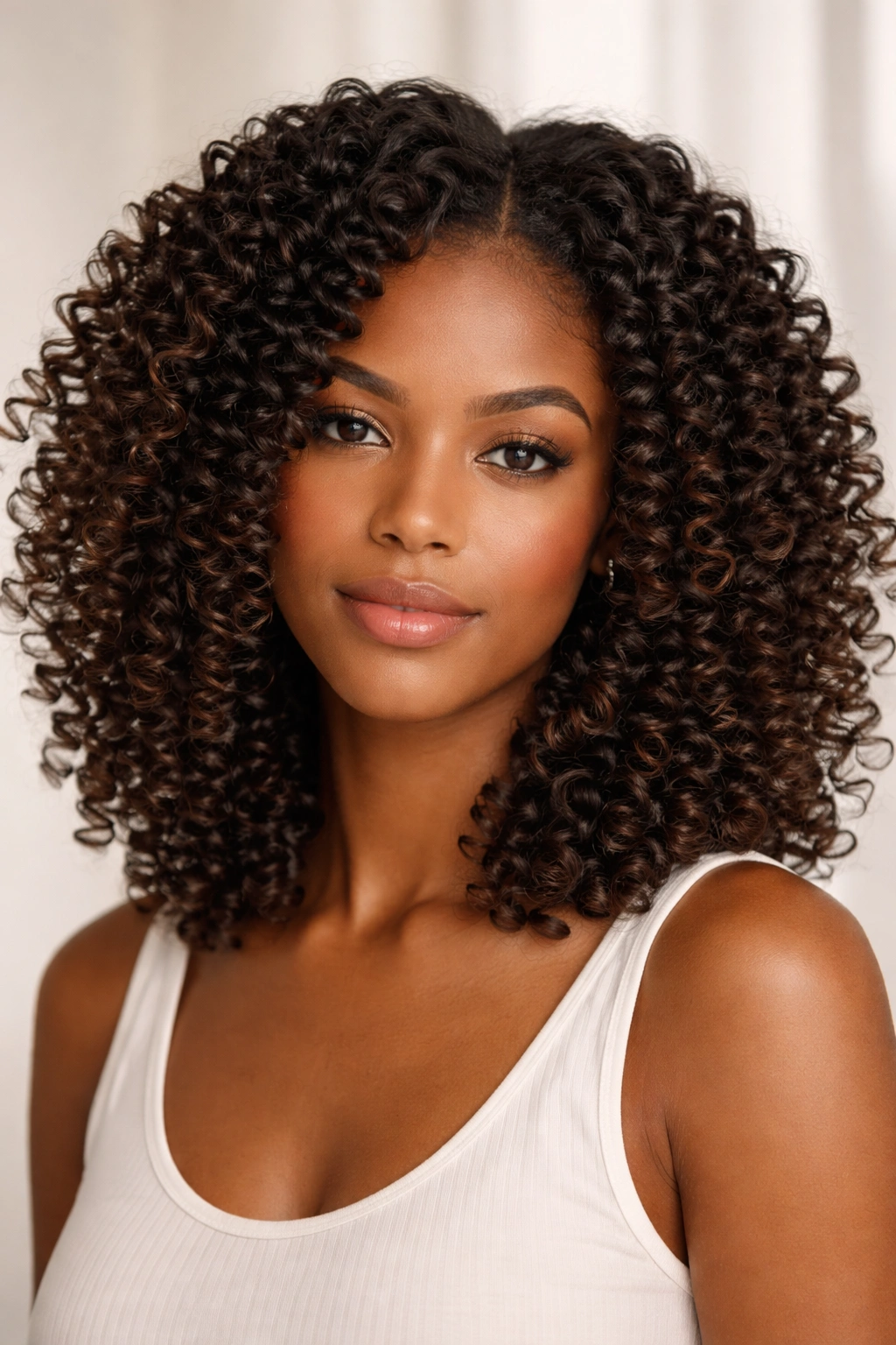Shoulder-length coily hair with defined, separated coils.