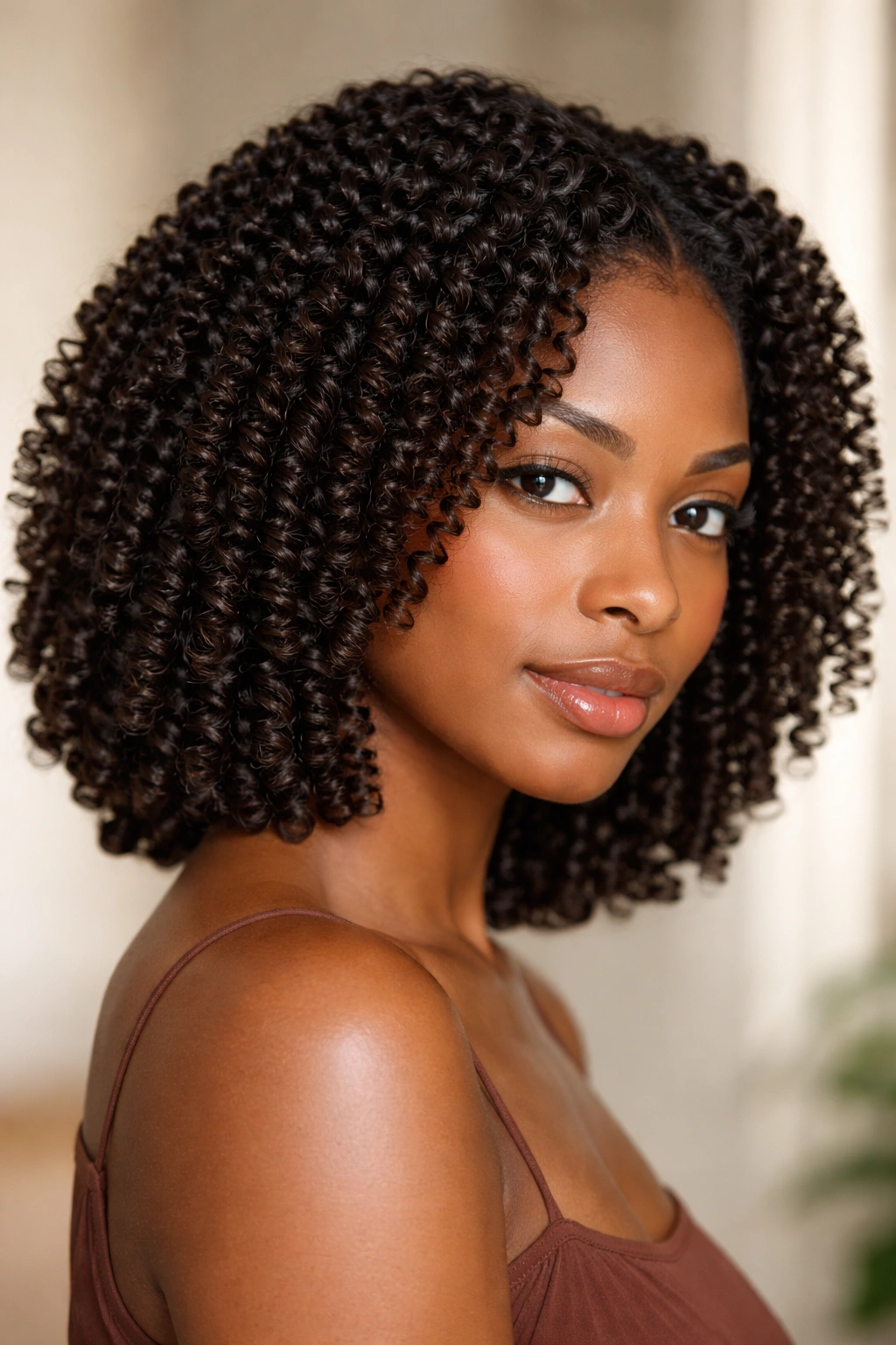 Close-up of shoulder-length coily hair with defined, moisturized coils