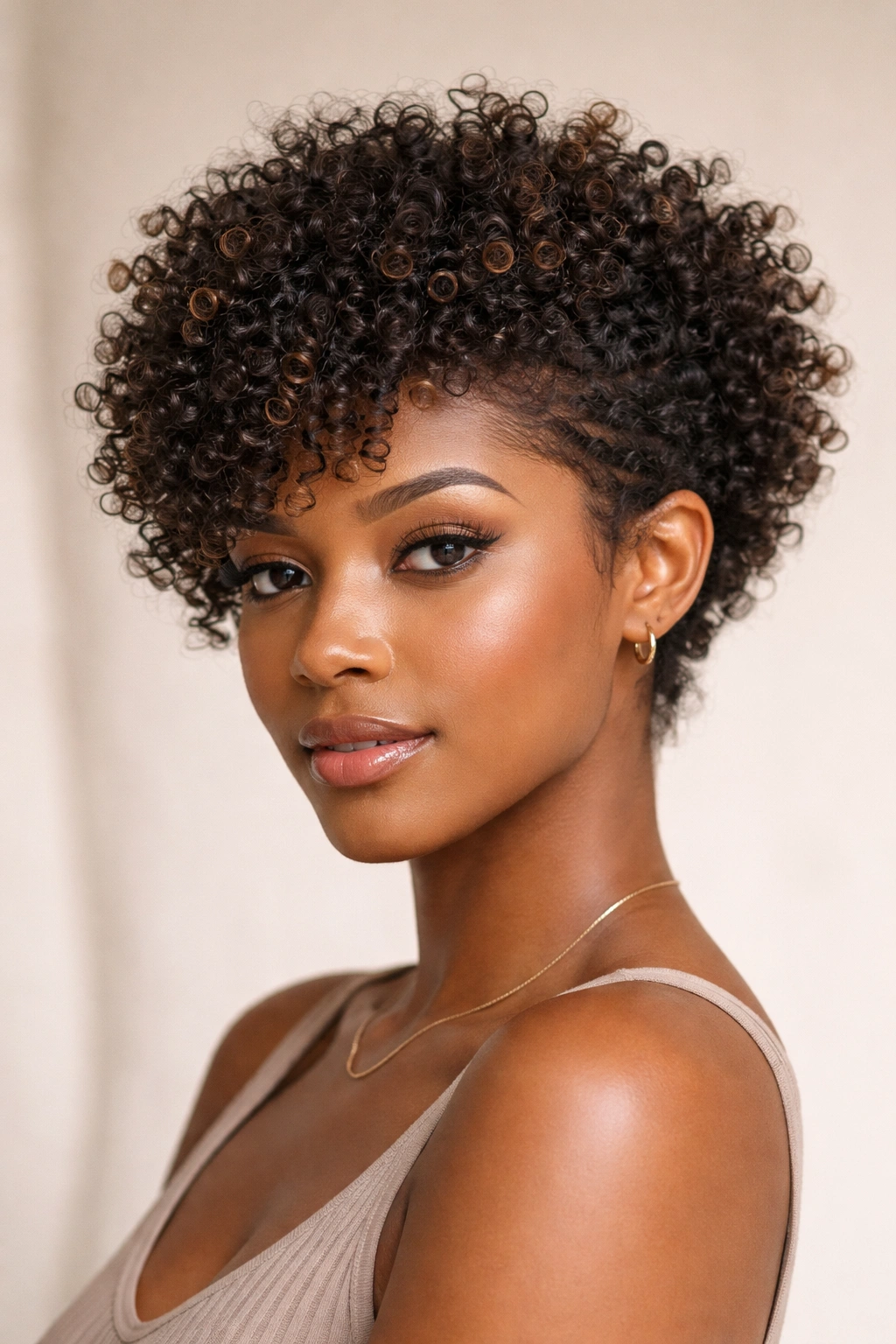 Coily pixie-bob hybrid hairstyle with voluminous crown