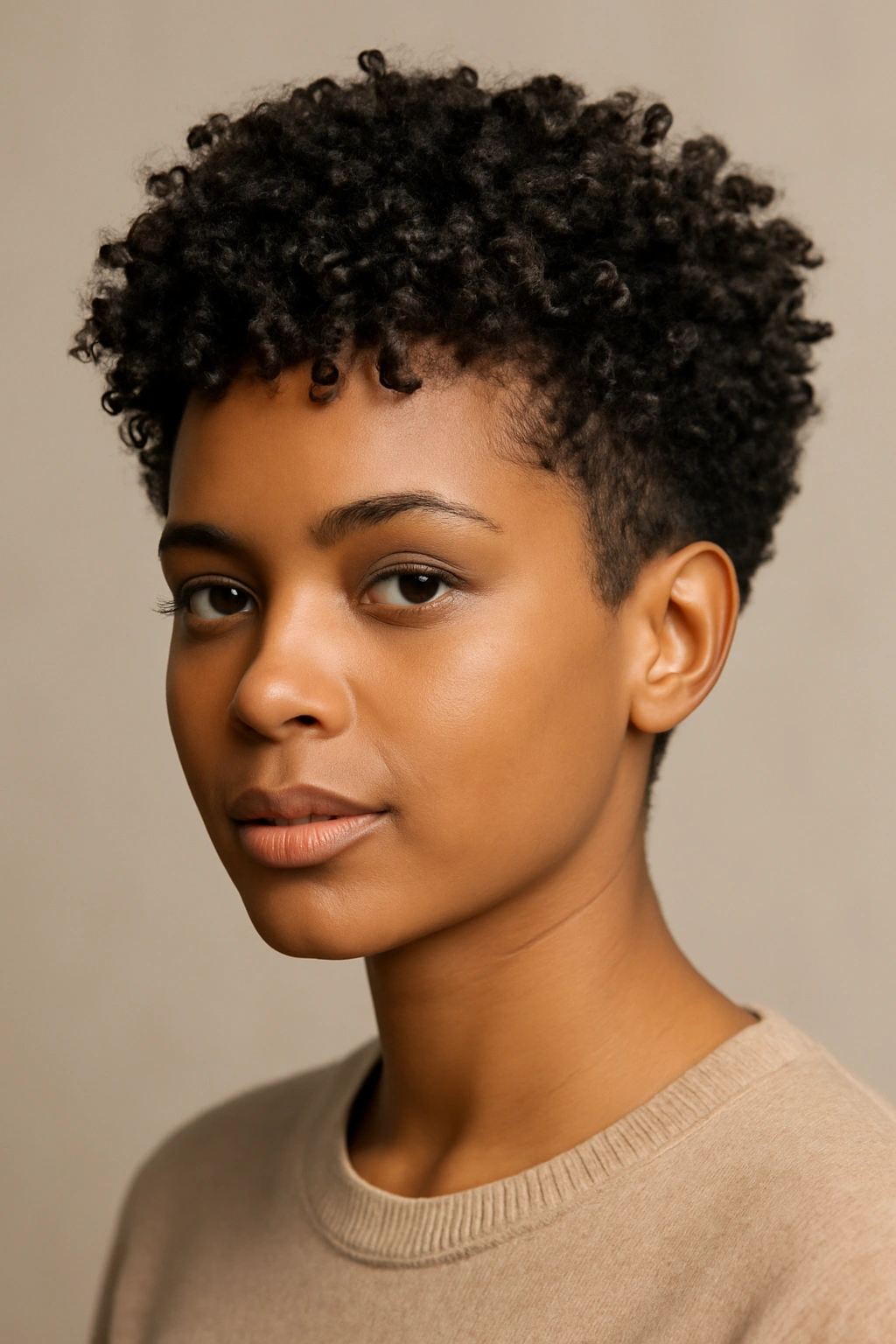 Coily pixie with volume on 3C curls, short sides and top length visible