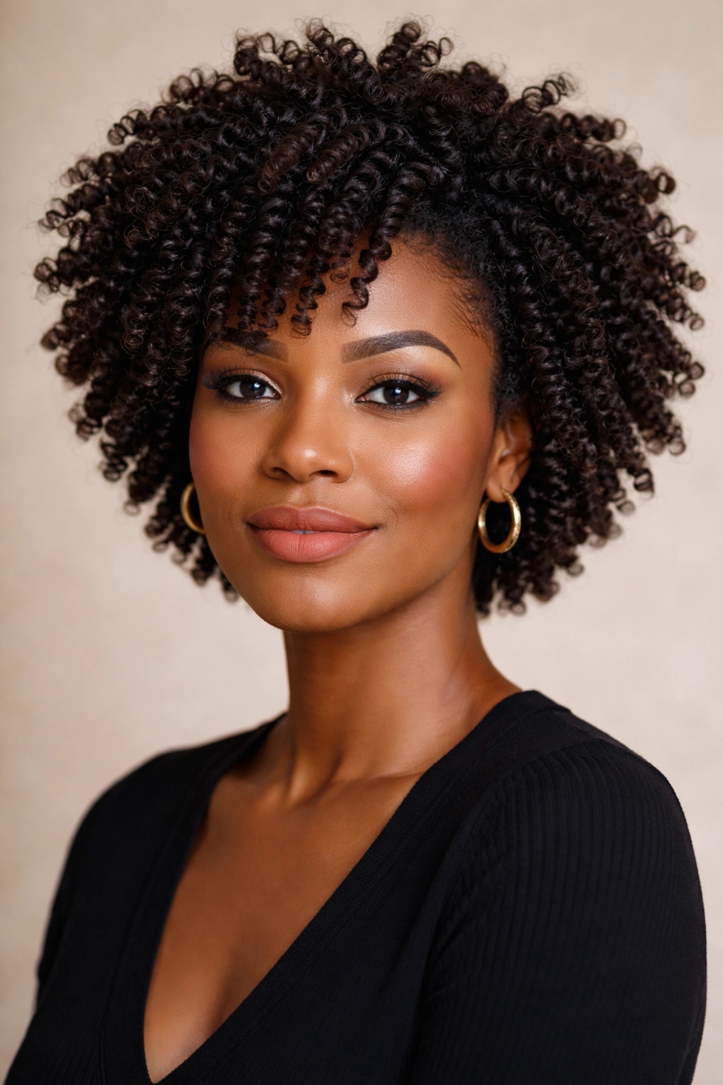 Defined coily twist-out with structured coils and lift.