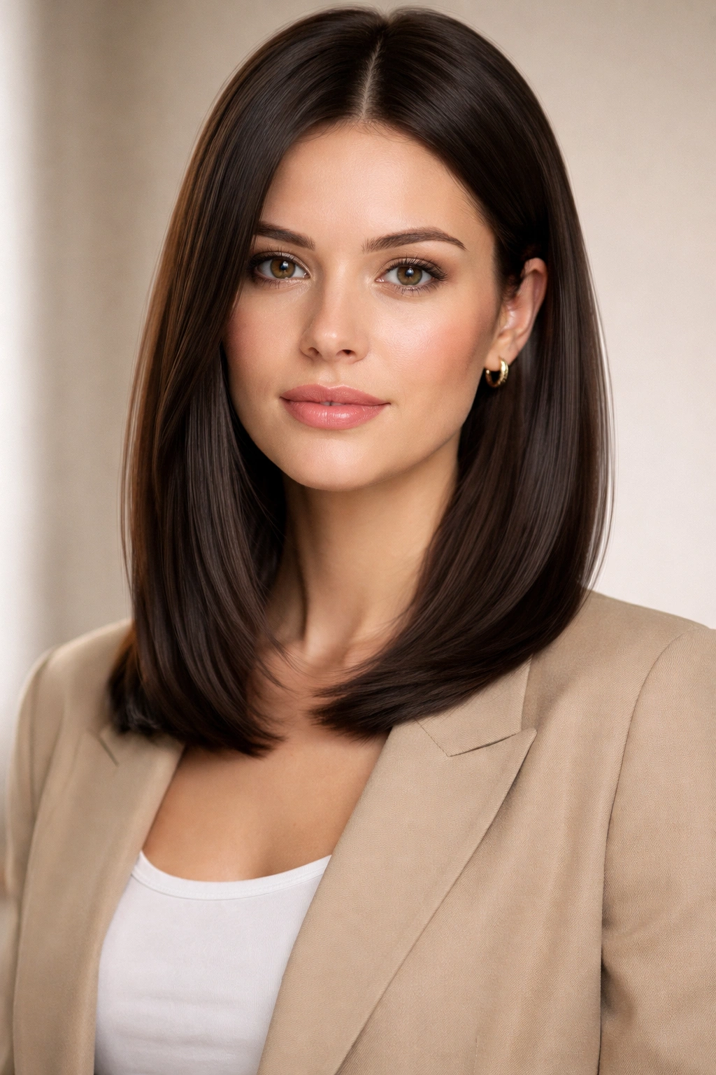 Close-up of sleek straight collarbone-length hair with subtle layers, glossy and polished.