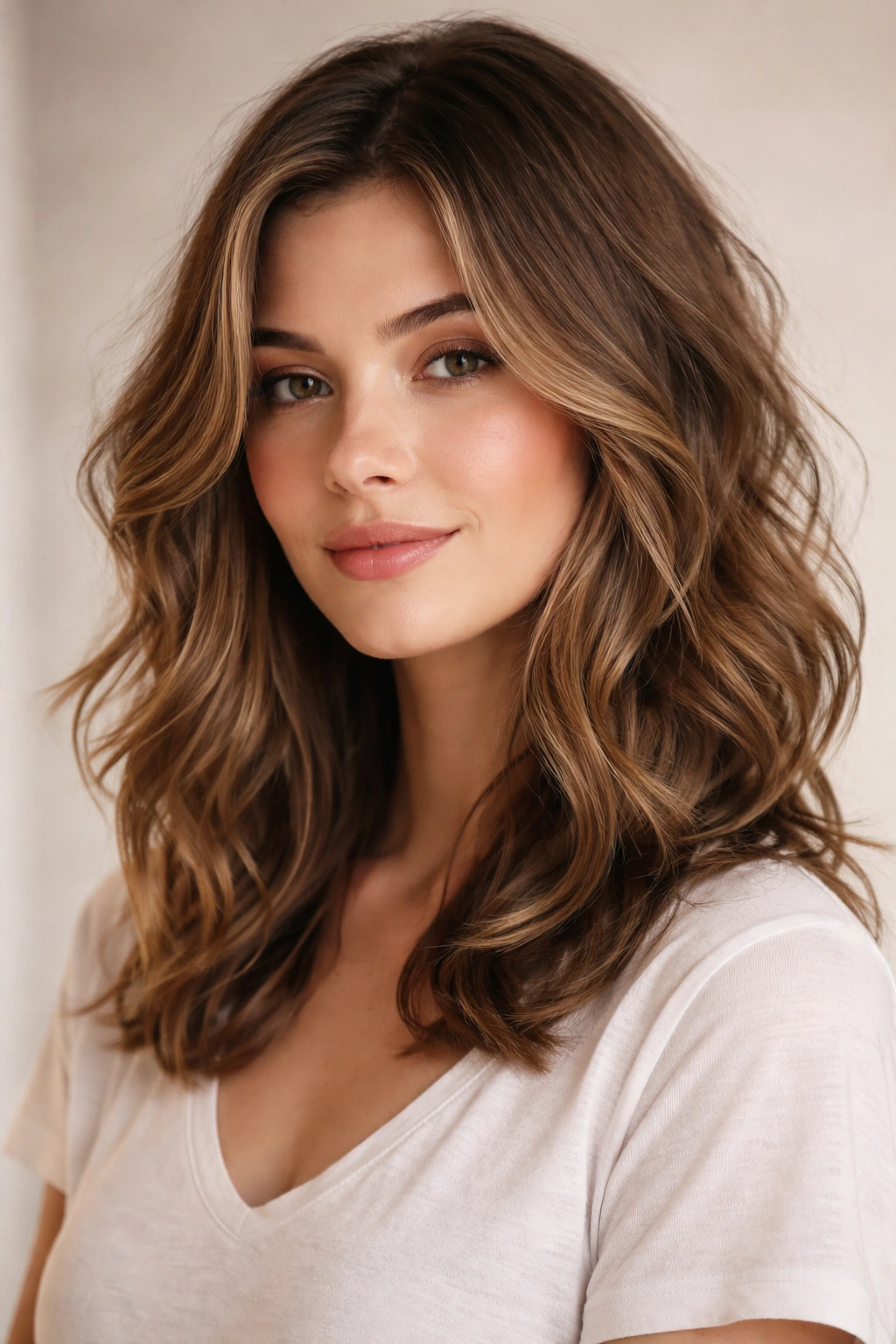 Collarbone-length wavy hair with face-framing pieces in studio portrait