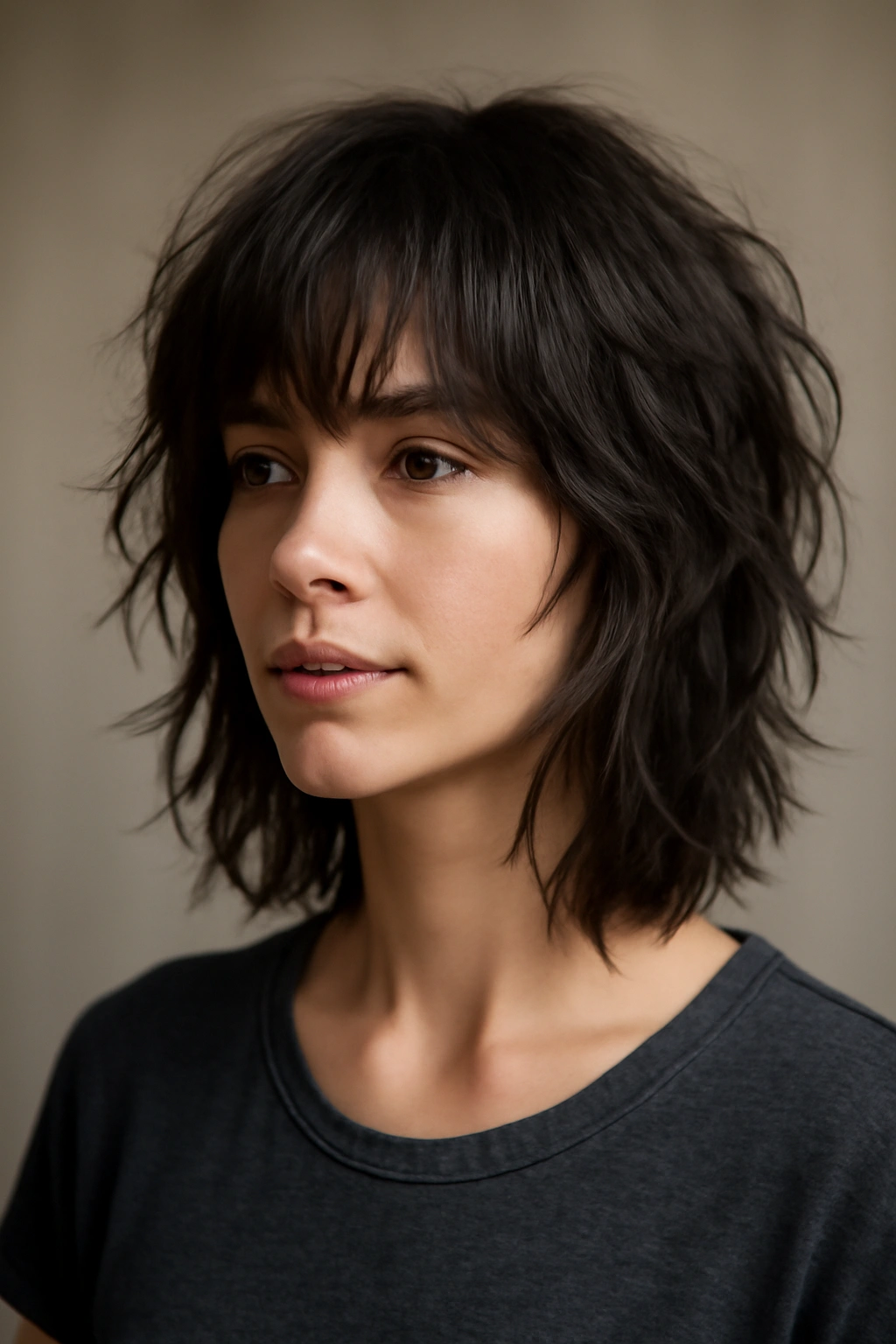 Side profile of someone with collarbone-length tousled shag and textured ends