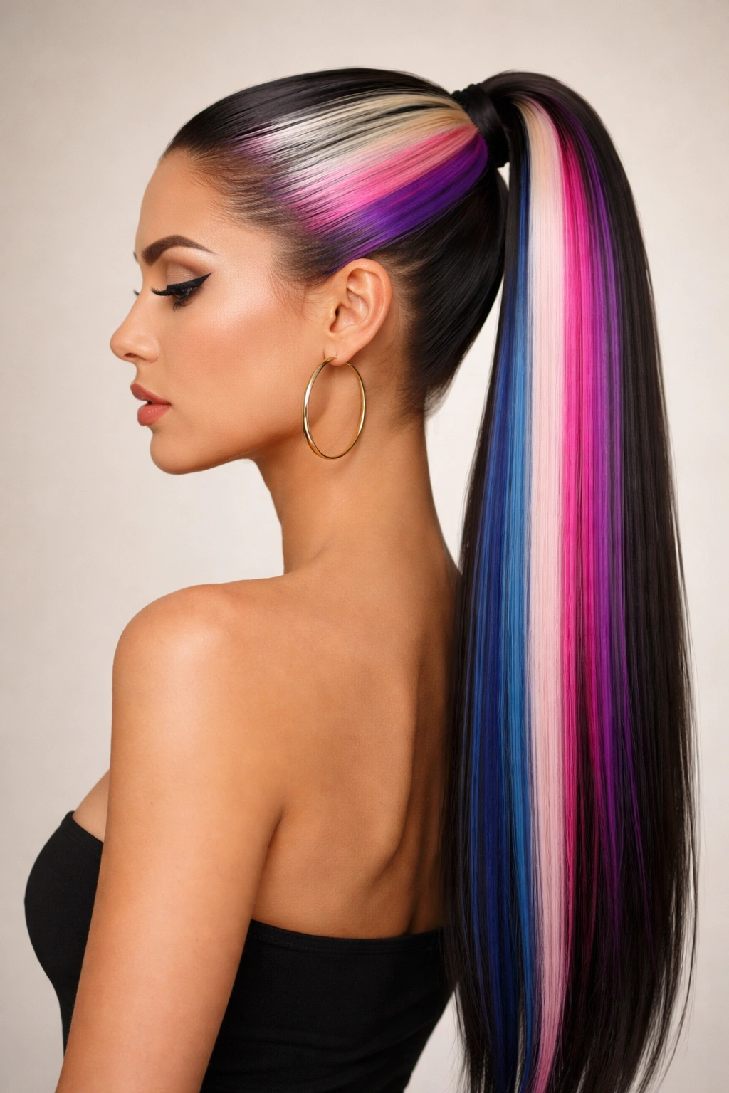 Slicked-back ponytail with bold color-block sections along the length.