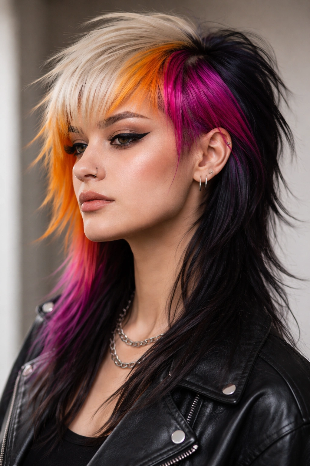 Asymmetrical mullet with color blocks and contrasting lengths.