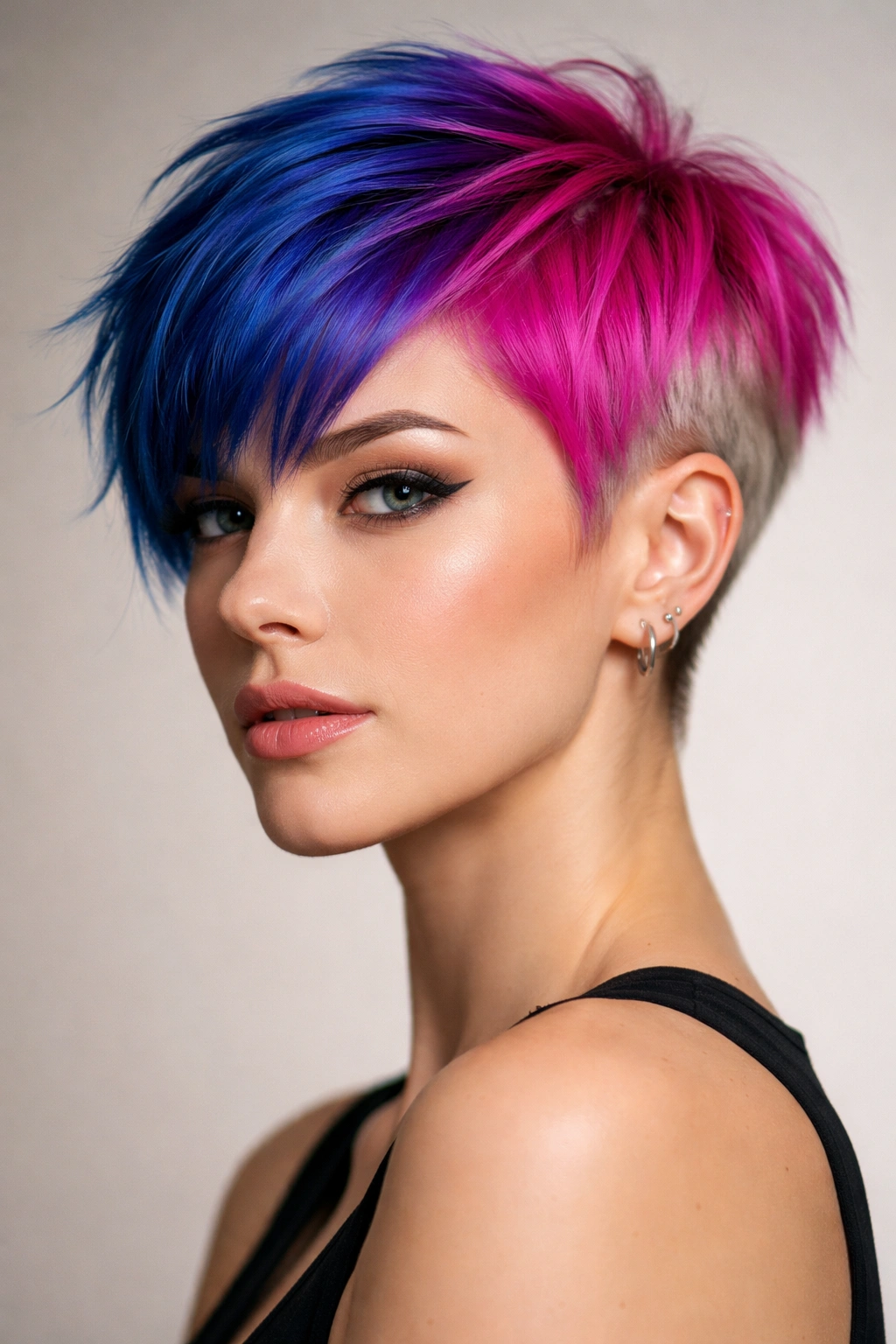 Close-up portrait of a person with color-blocked pixie hair in bold blue and pink sections, studio lighting