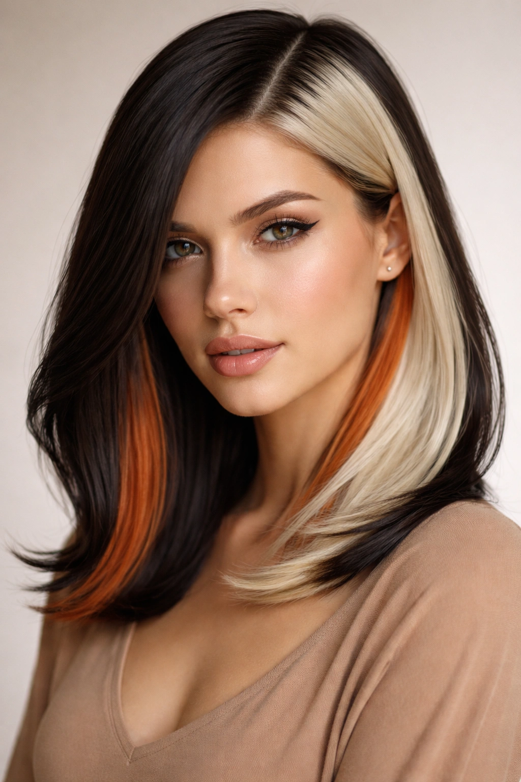 Side-part hairstyle with color-blocked sections in contrasting colors