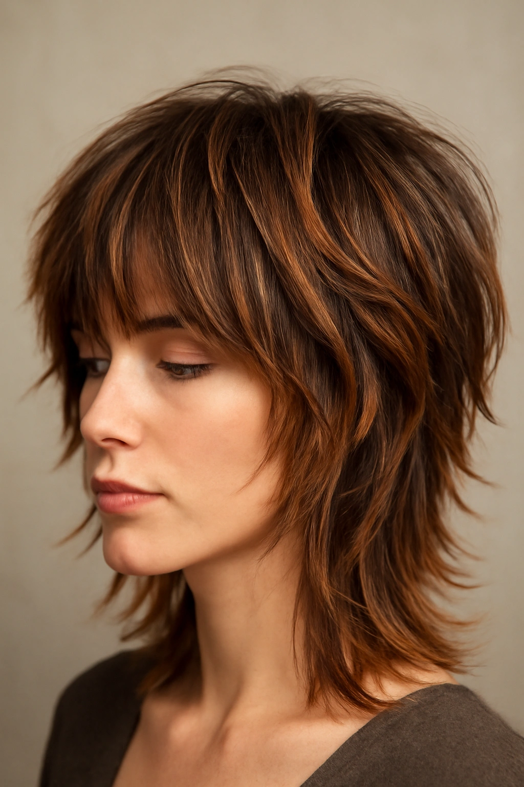Close-up of shag haircut with multi-tone color throughout showing depth and texture.