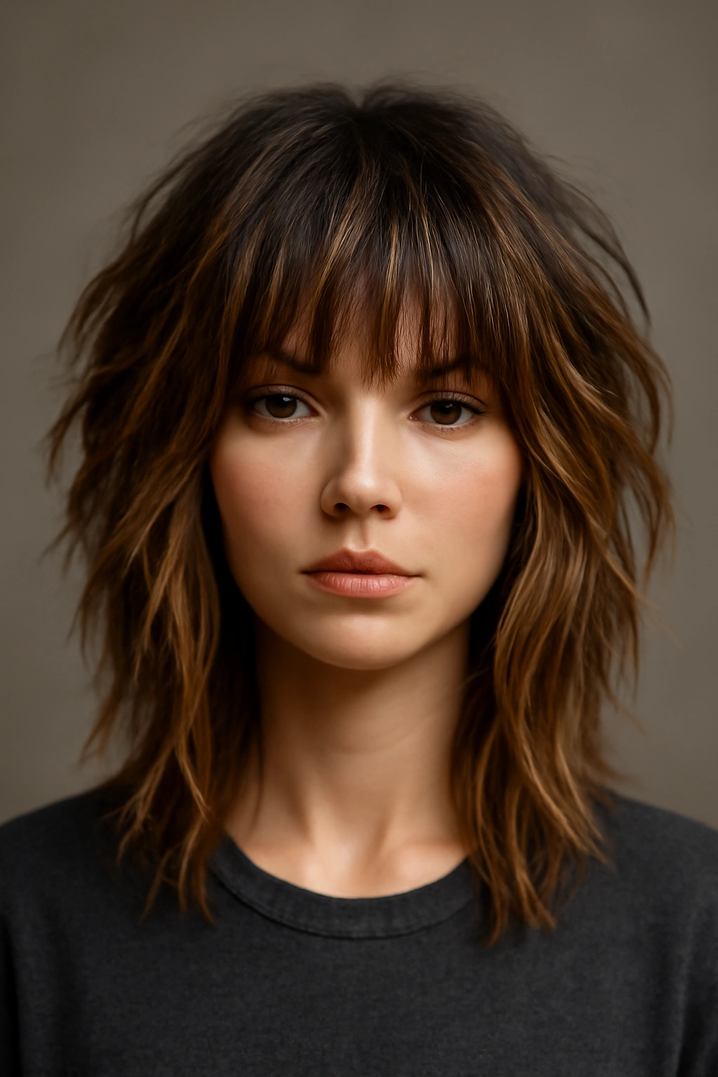 Shag hairstyle with color-added texture and highlights emphasizing layers.