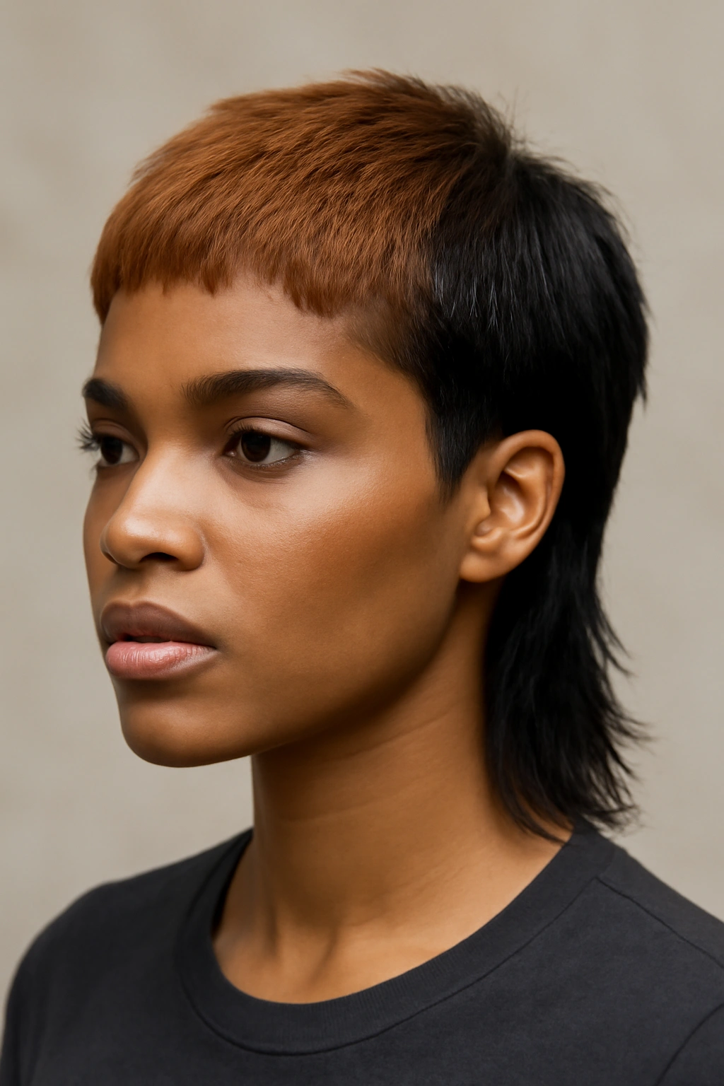 Portrait of a Black woman with a colorblocked mullet showing front and back color contrast.