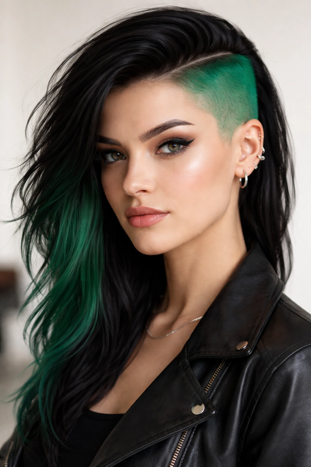 Portrait of a woman with a shaved emerald side and dark longer hair.