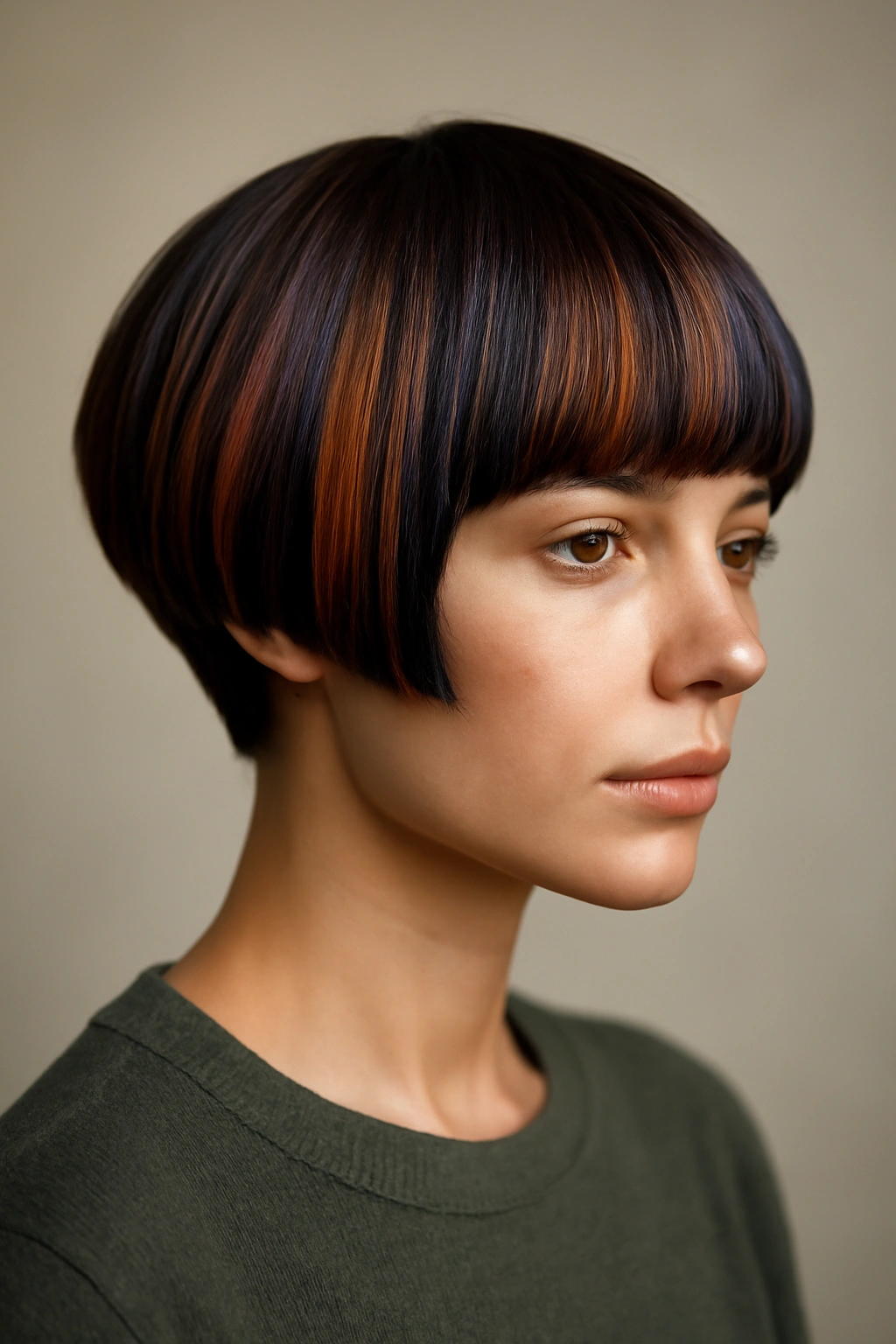 Portrait of a person with colored accents in a bowl-cut hairstyle
