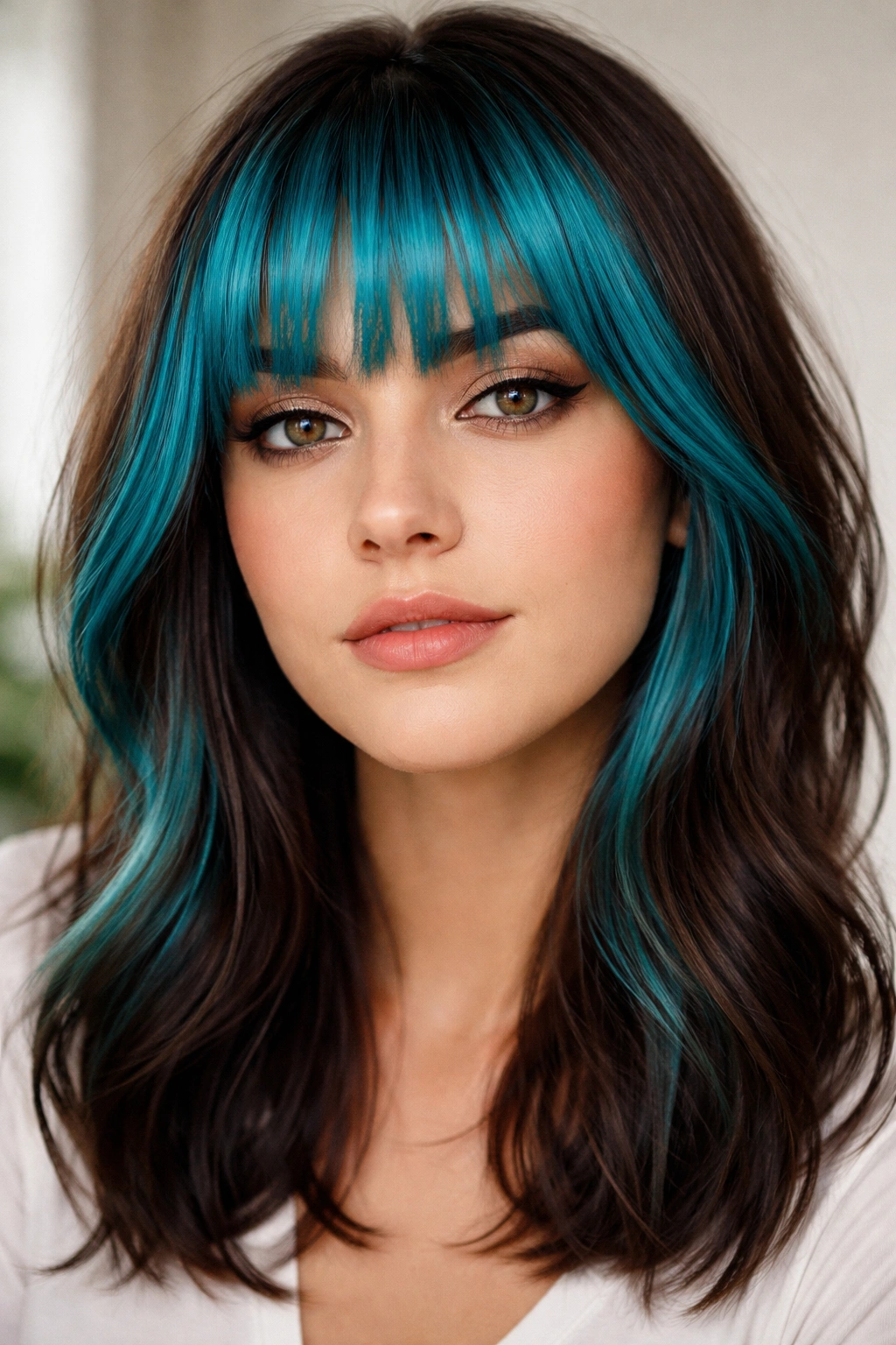 Close-up of bold colored bangs contrasting with darker hair