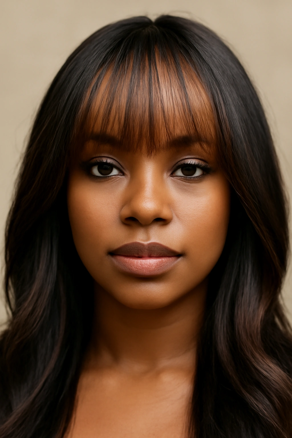 Close-up of bangs with caramel highlights on dark hair