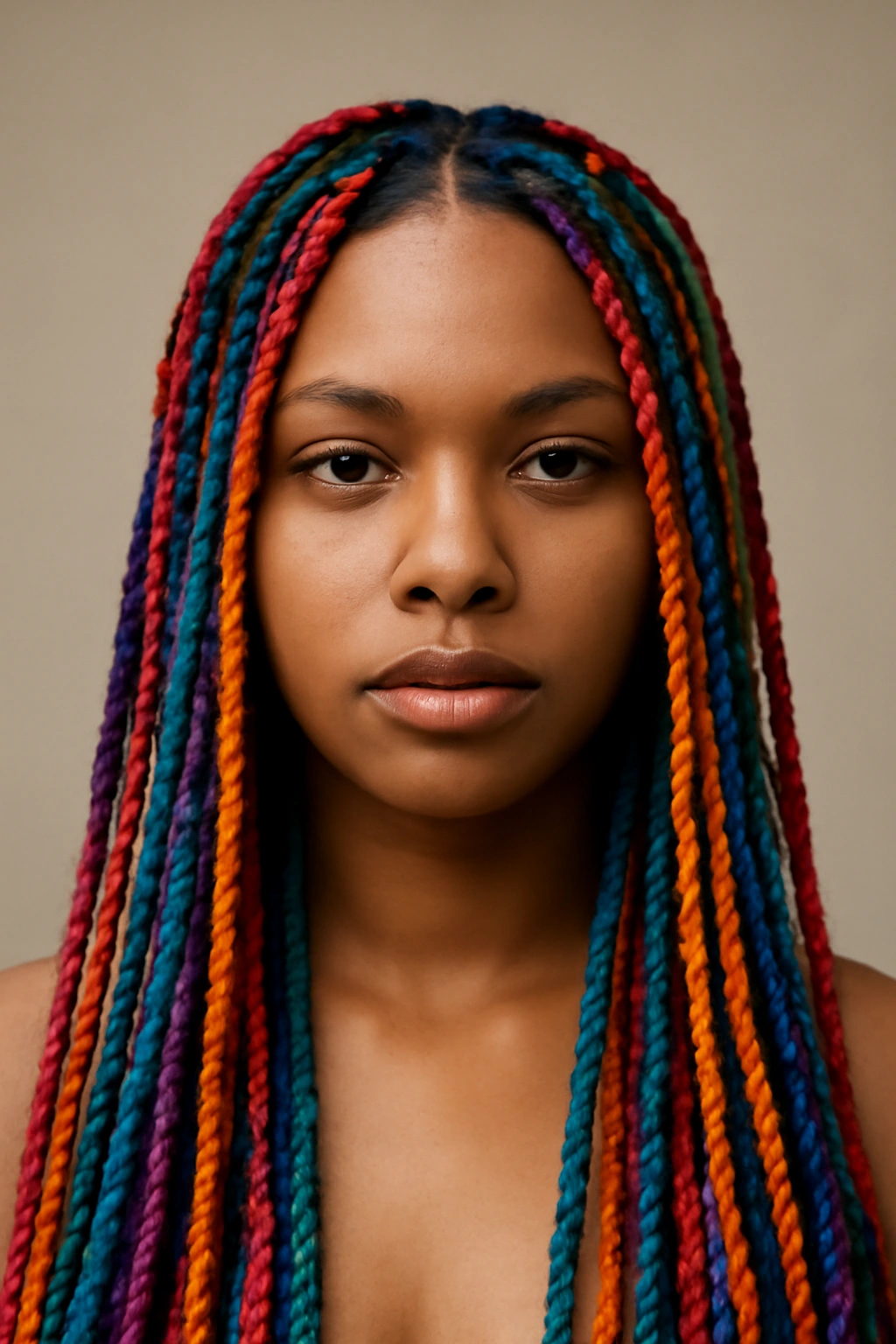 Head with colored box braids showing vibrant hues throughout.