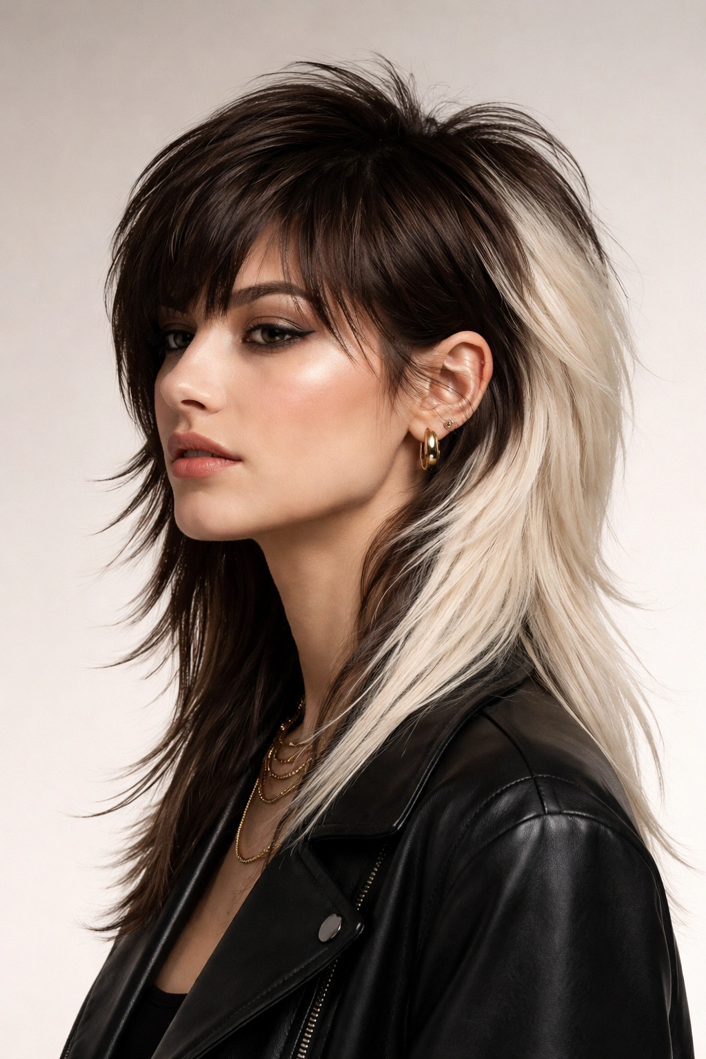 Head-and-shoulders portrait of a person with brunette front and platinum back two-tone mullet