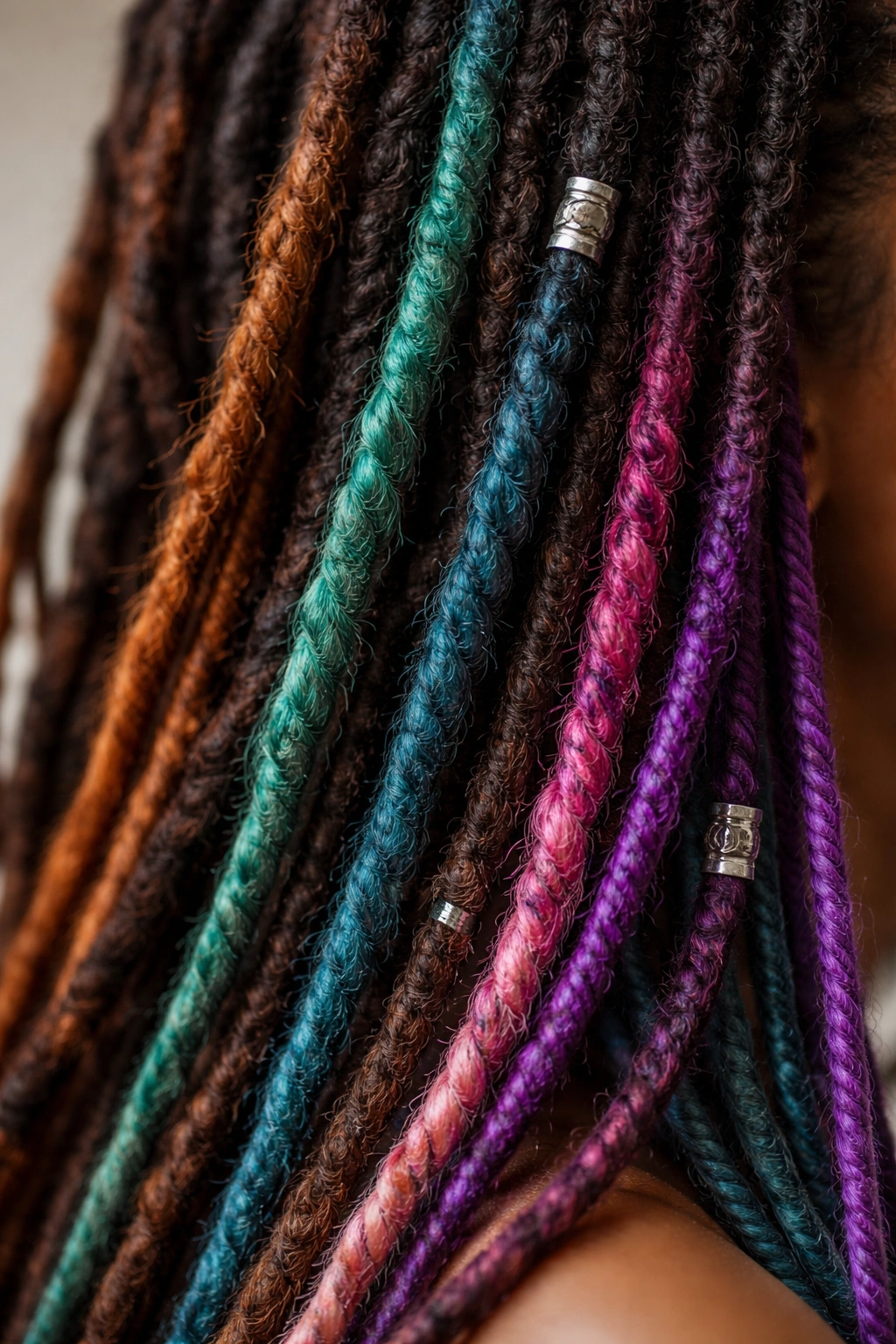 Close-up of colorful dread extensions woven into locs with copper, teal, and purple hues
