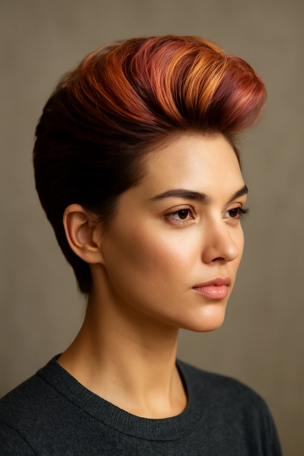 Pompadour hairstyle with vibrant highlights and dimensional color