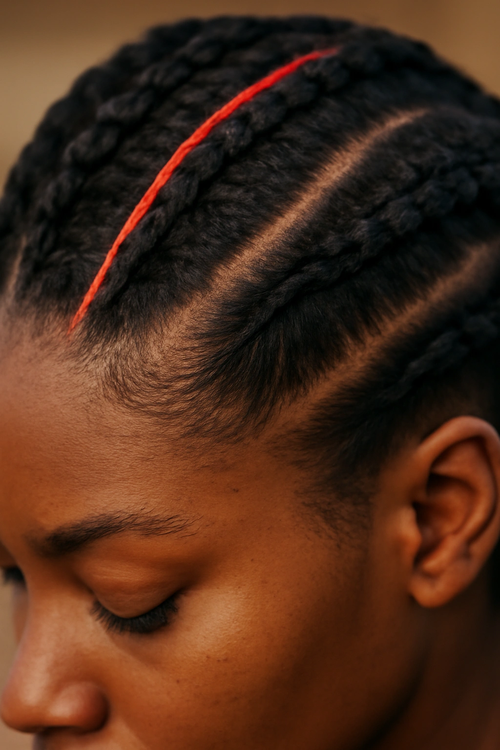 Close-up of a single bright color line woven through braids